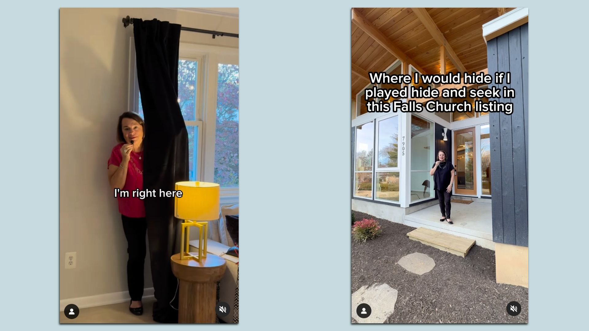 Two Instagram screenshots side by side, showing stills of a real estate agent's videos that show her hiding in various propertys.