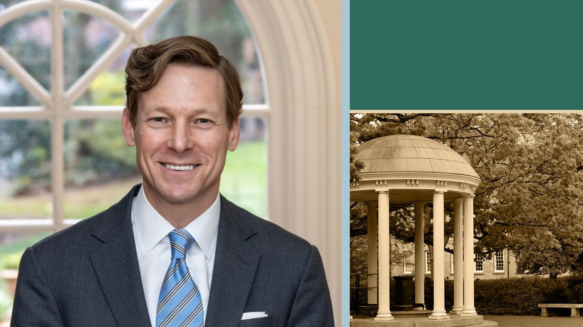 Photo illustration of Lee Roberts with an image from UNC campus.