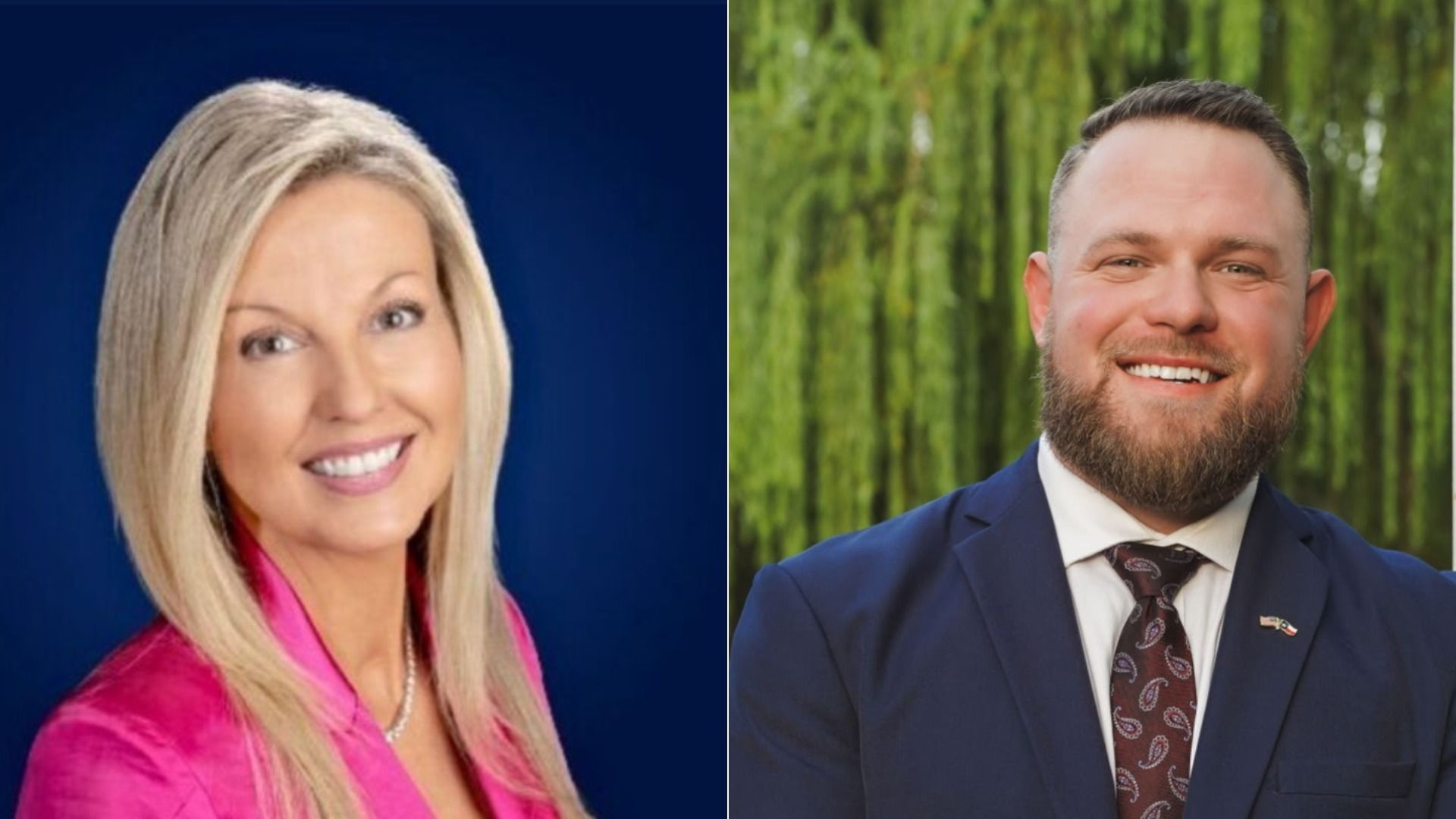 Split image of Republican Leigh Wambsganss and Democrat Taylor Rehmet who are running for the District 9 Texas state Senate seat.