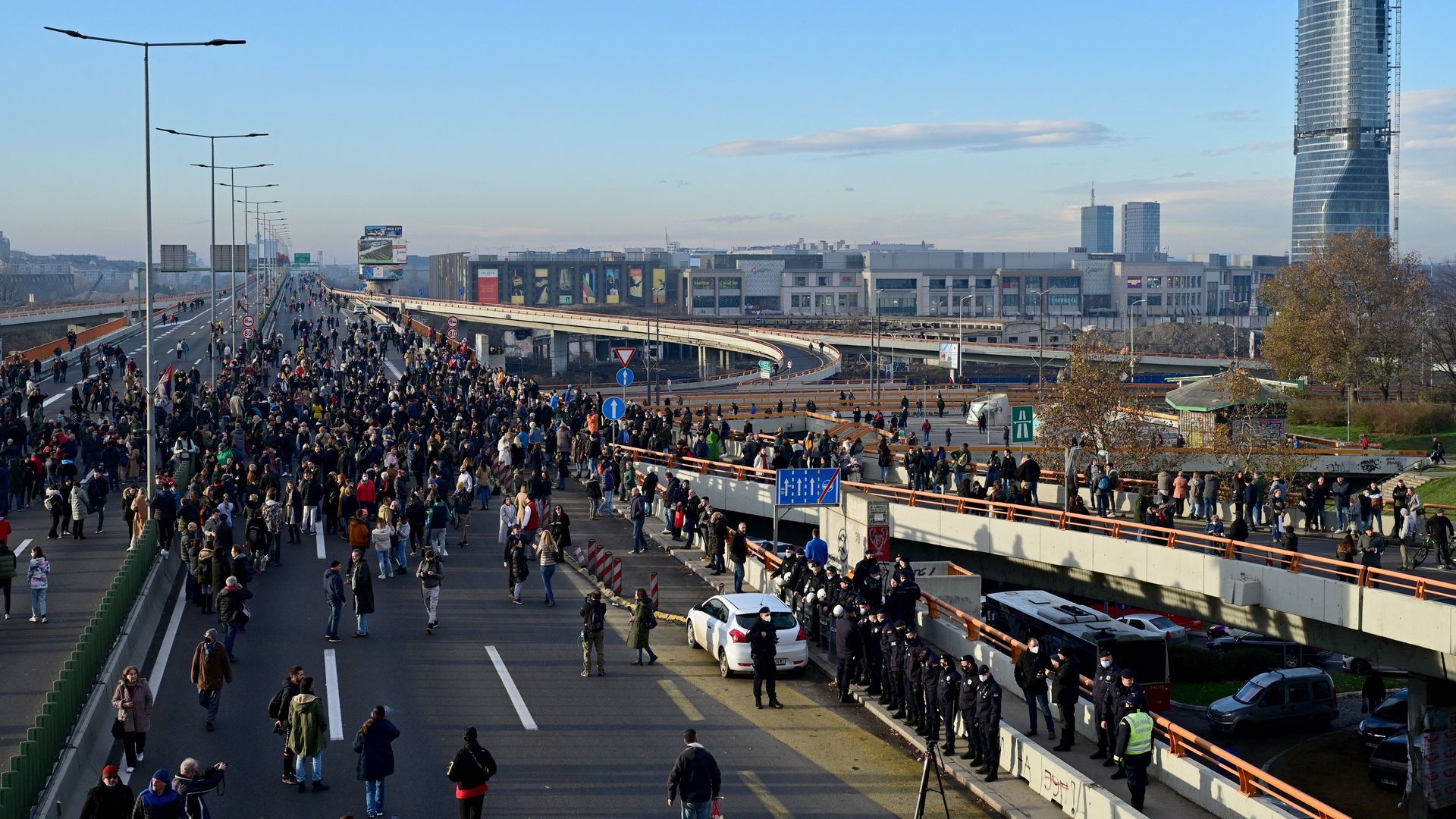 Hundreds of environmental demonstrators block the main highway in Belgrade on November 27, 2021