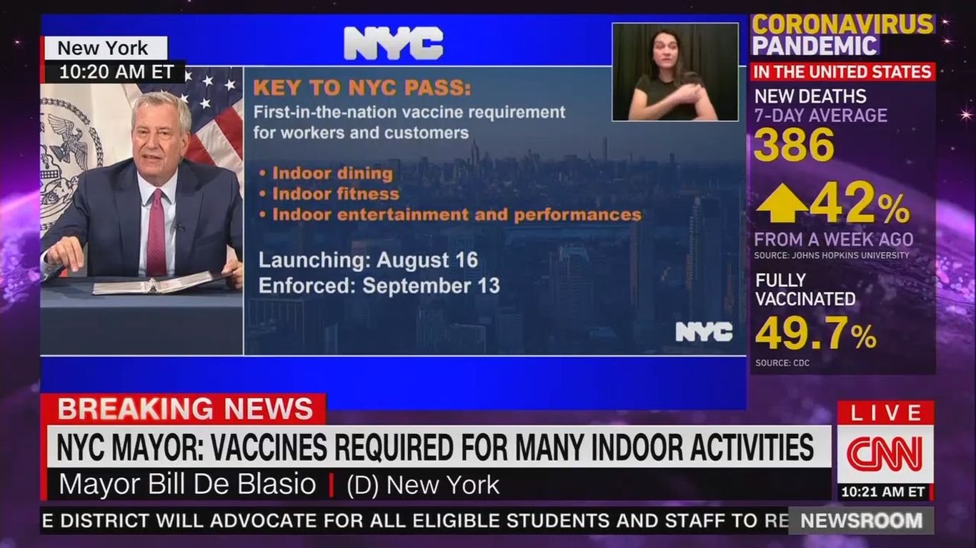 New York City to require vaccination proof for indoor activities