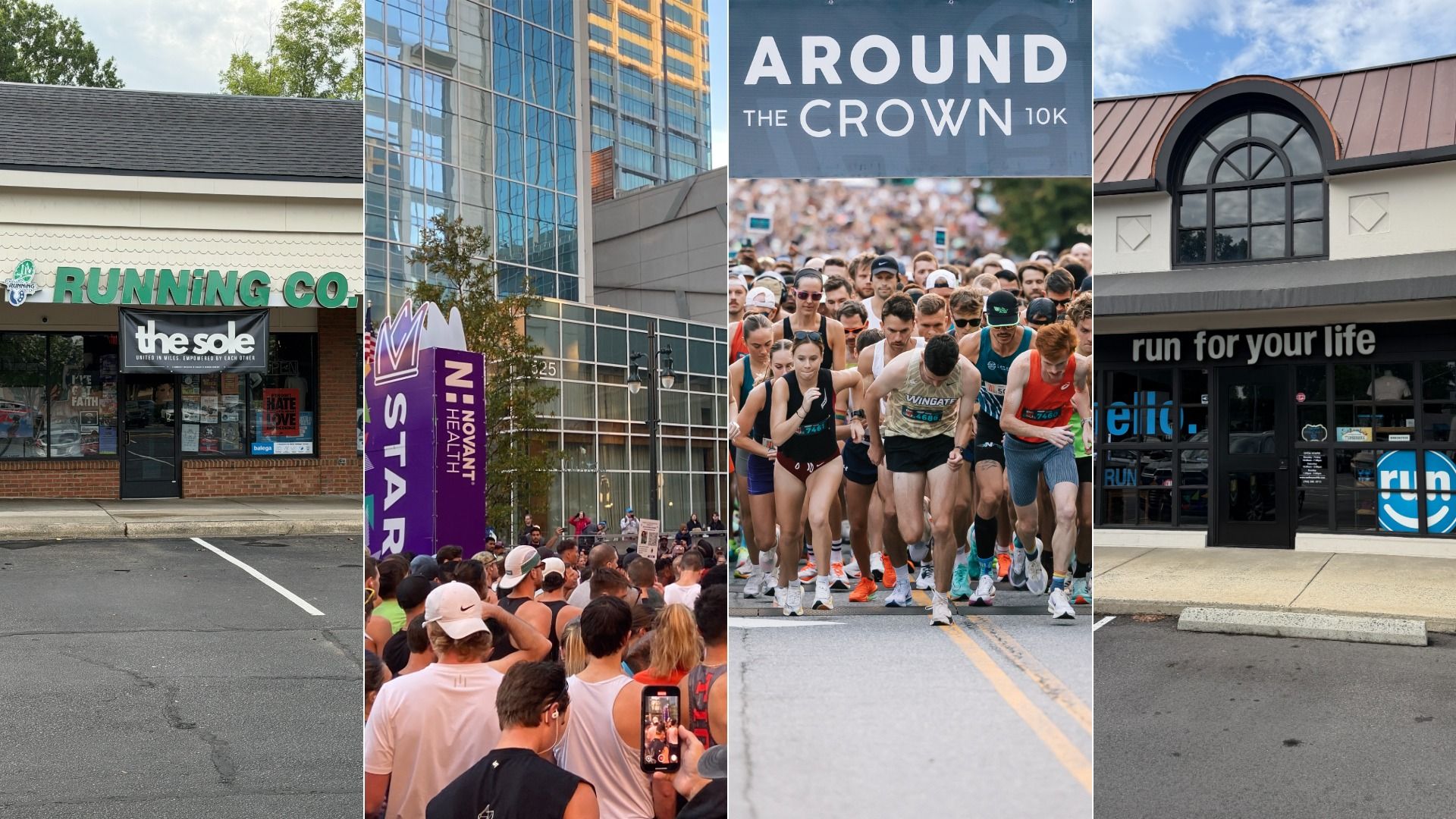 Four-panel city collage: left RUNNING CO. storefront, middle glass office building, center crowd at the start of a run under the banner "AROUND THE CROWN 10K", right shop with a large "run for your life" sign.