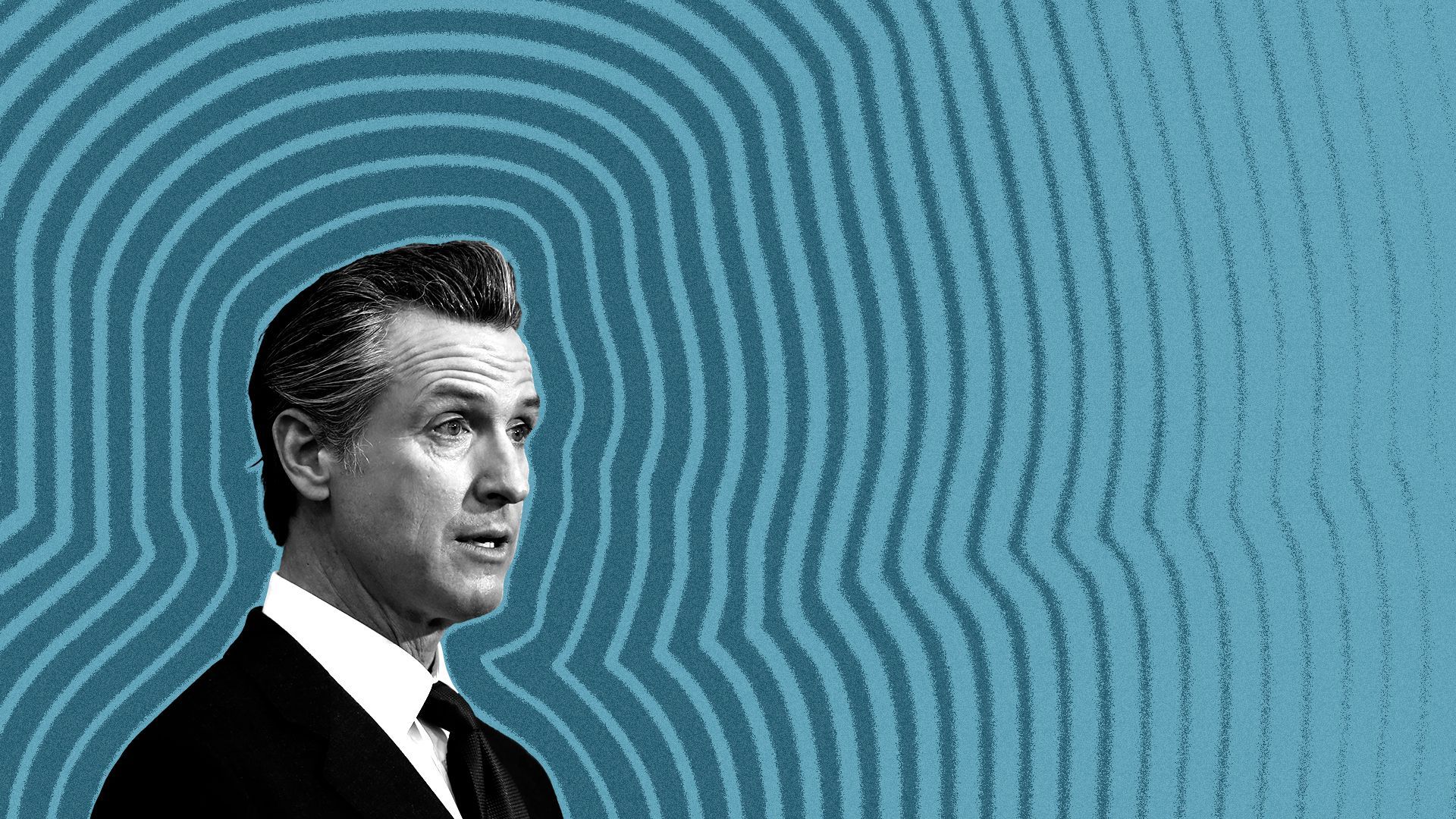 Photo illustration of California Governor Gavin Newsom with lines radiating from him.