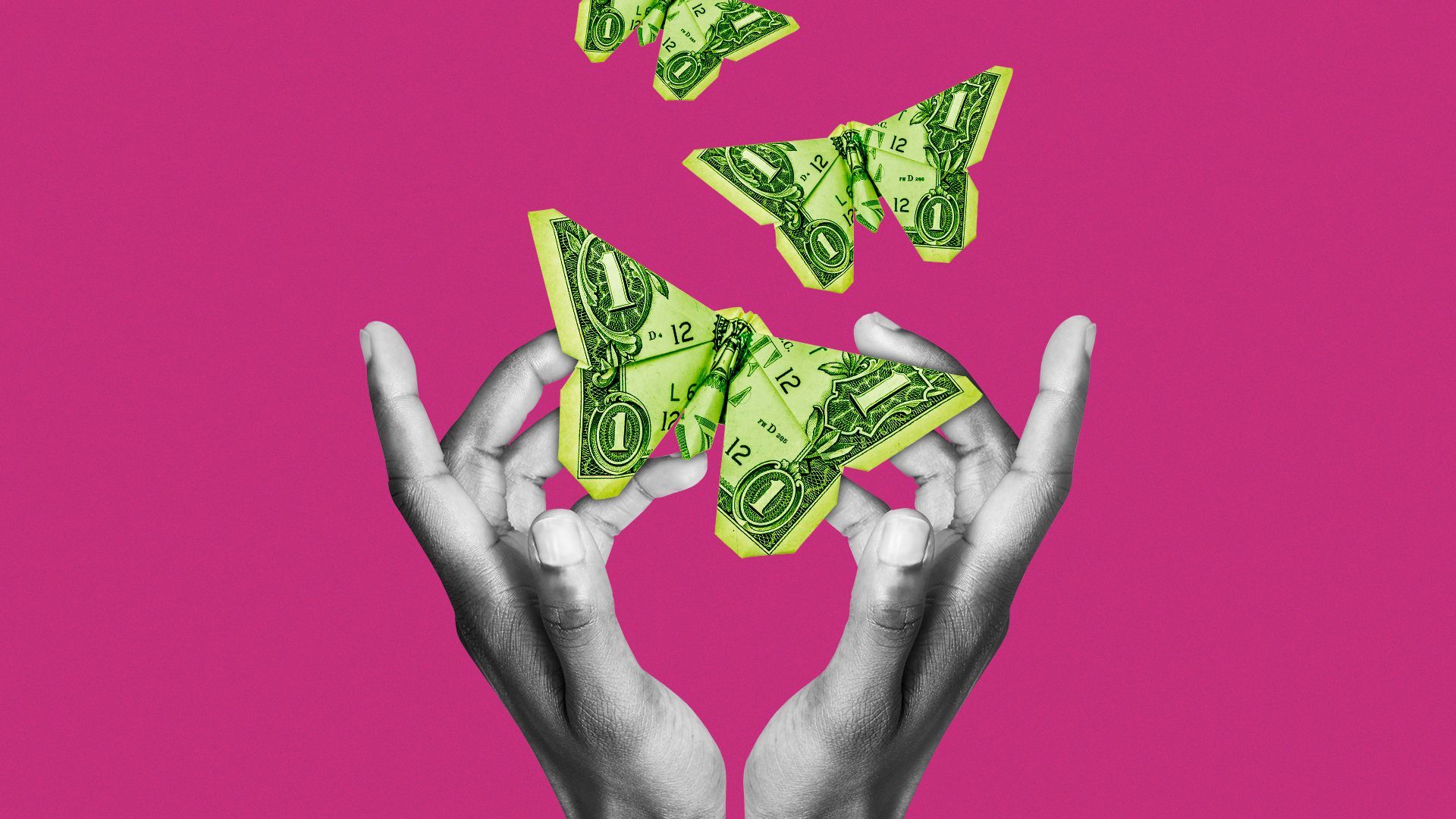 Illustration of two hands releasing origami butterflies made of money into the air. 