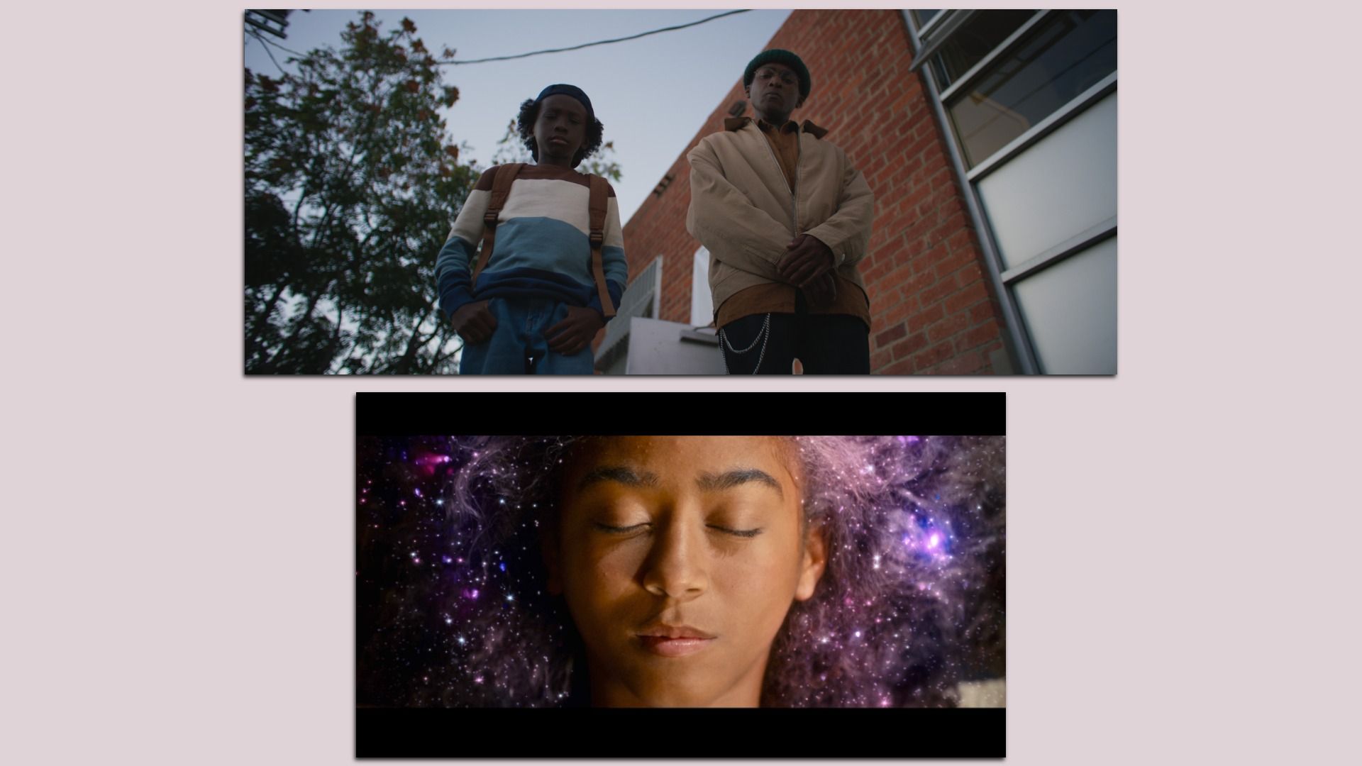 Two people stand outside a brick building looking down; below, a person with closed eyes is surrounded by a cosmic, star-filled background blending with hair. 