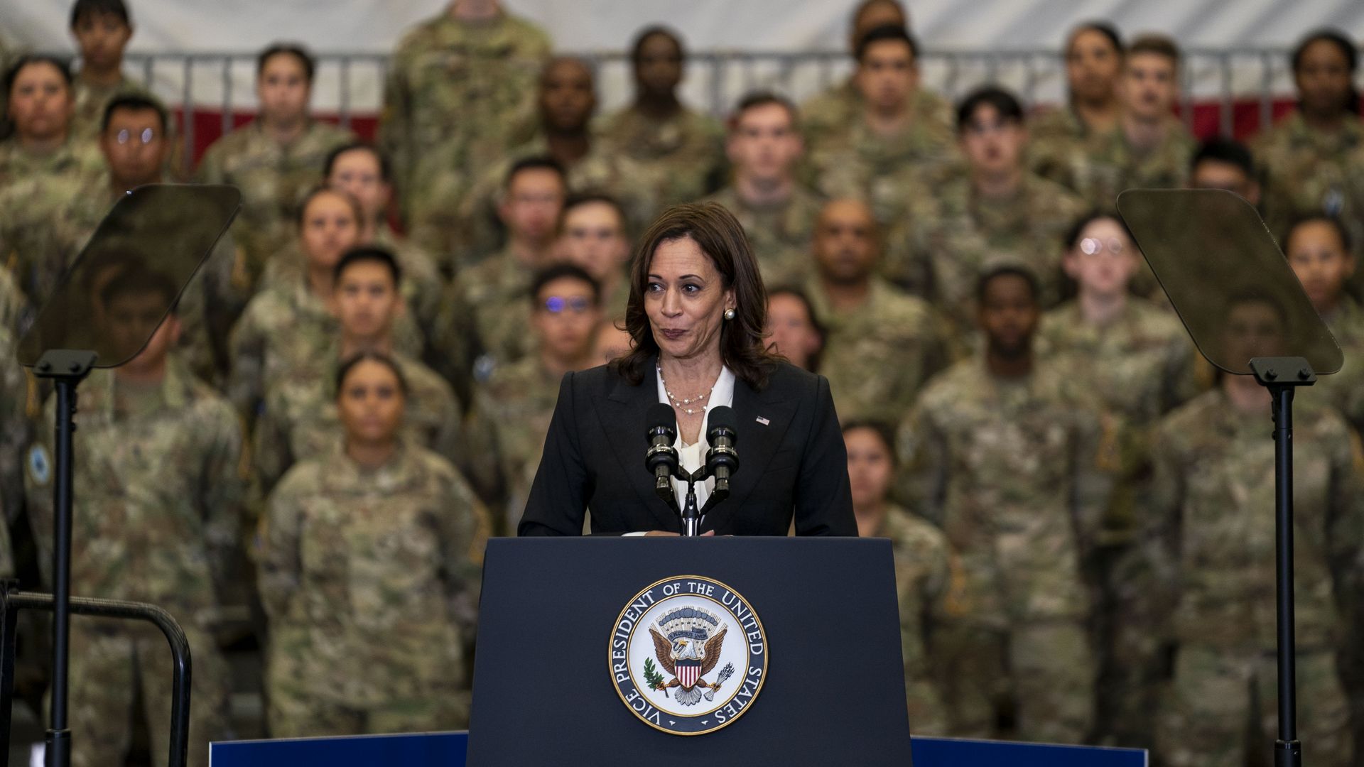 Vice President Kamala Harris speaking at Vandenberg Space Force Base on April 18.