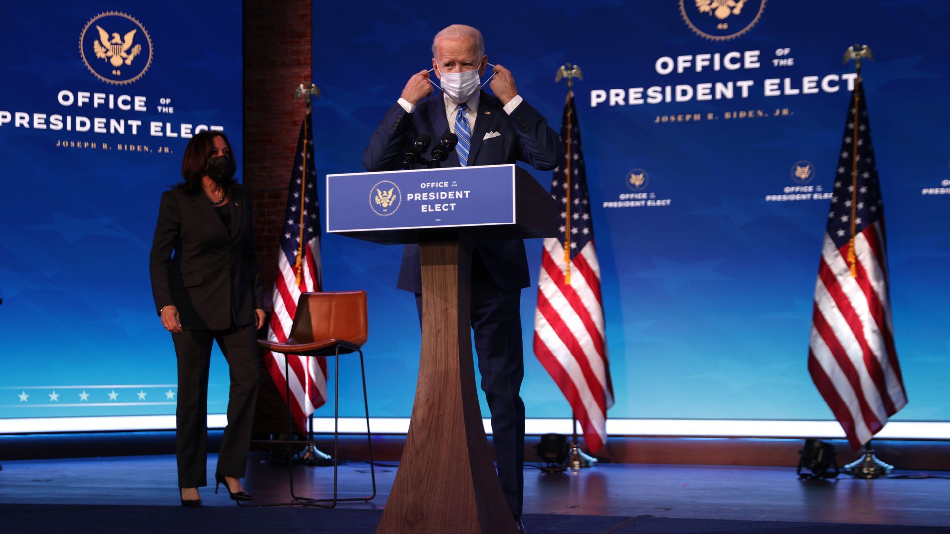 Picture of Joe Biden putting on a mask on stage with Kamala Harris standing behind him