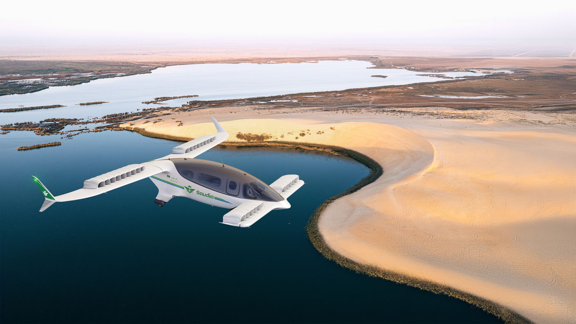 Image of a futuristic Lilium air taxi flying over water and sand dunes in Saudi Arabia