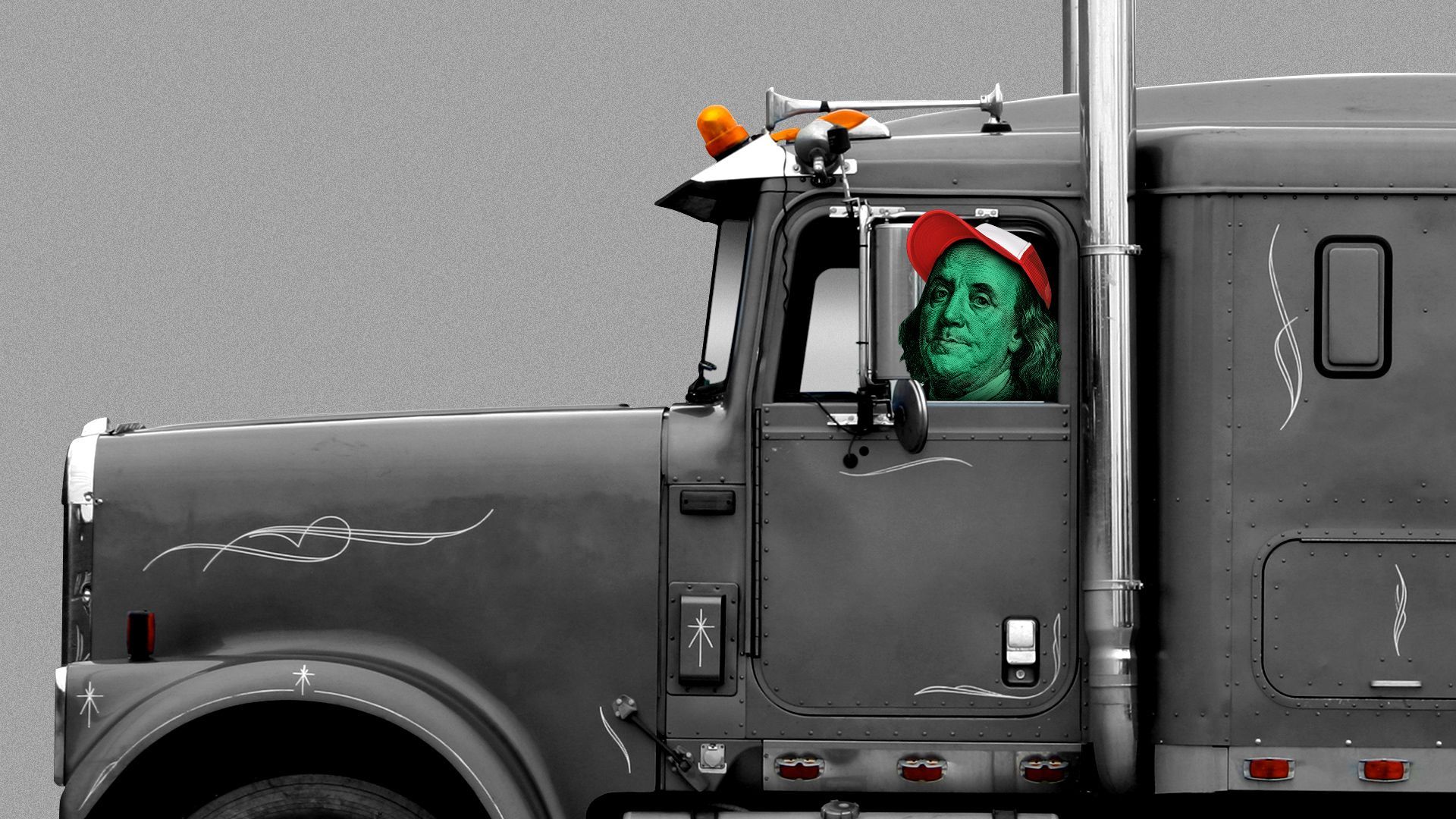 Illustration of Benjamin Franklin wearing a trucker hat and driving a semi truck. 