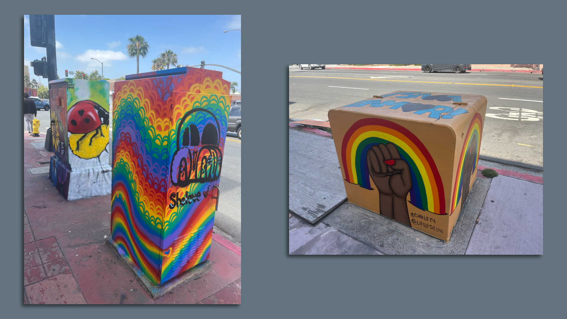 Utility boxes painted with rainbows and a unity fist