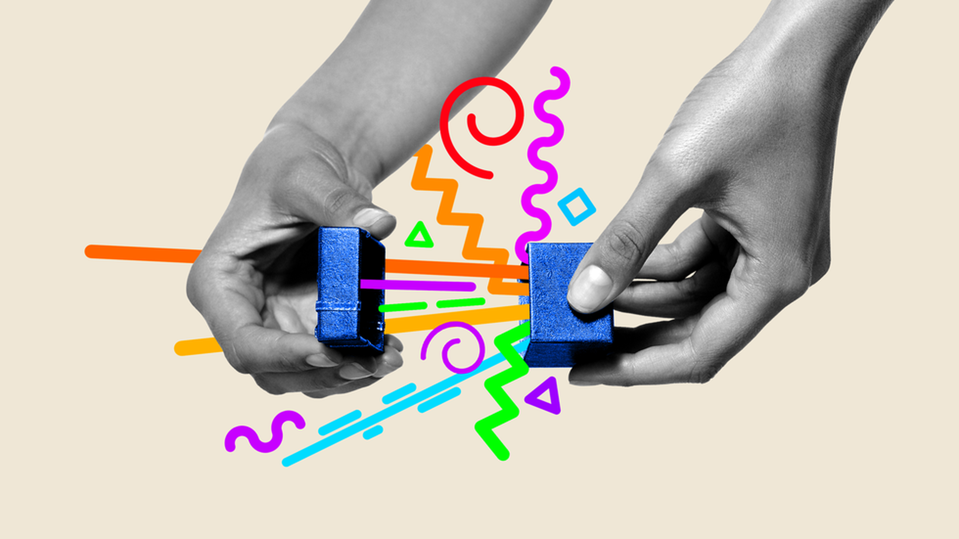 An illustration of a box opening, revealing stylized fireworks