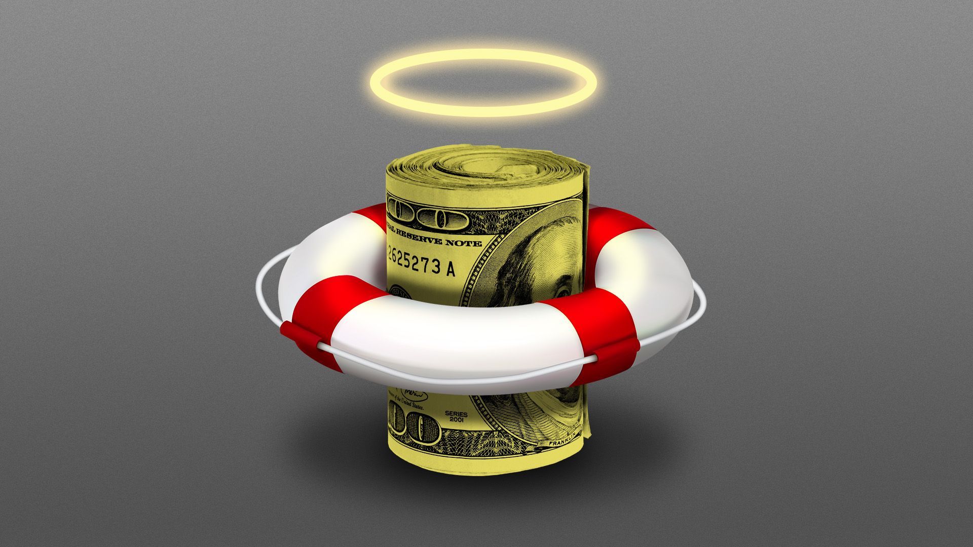Illustration of a roll of hundred dollar bills wearing a life preserver with a halo overhead