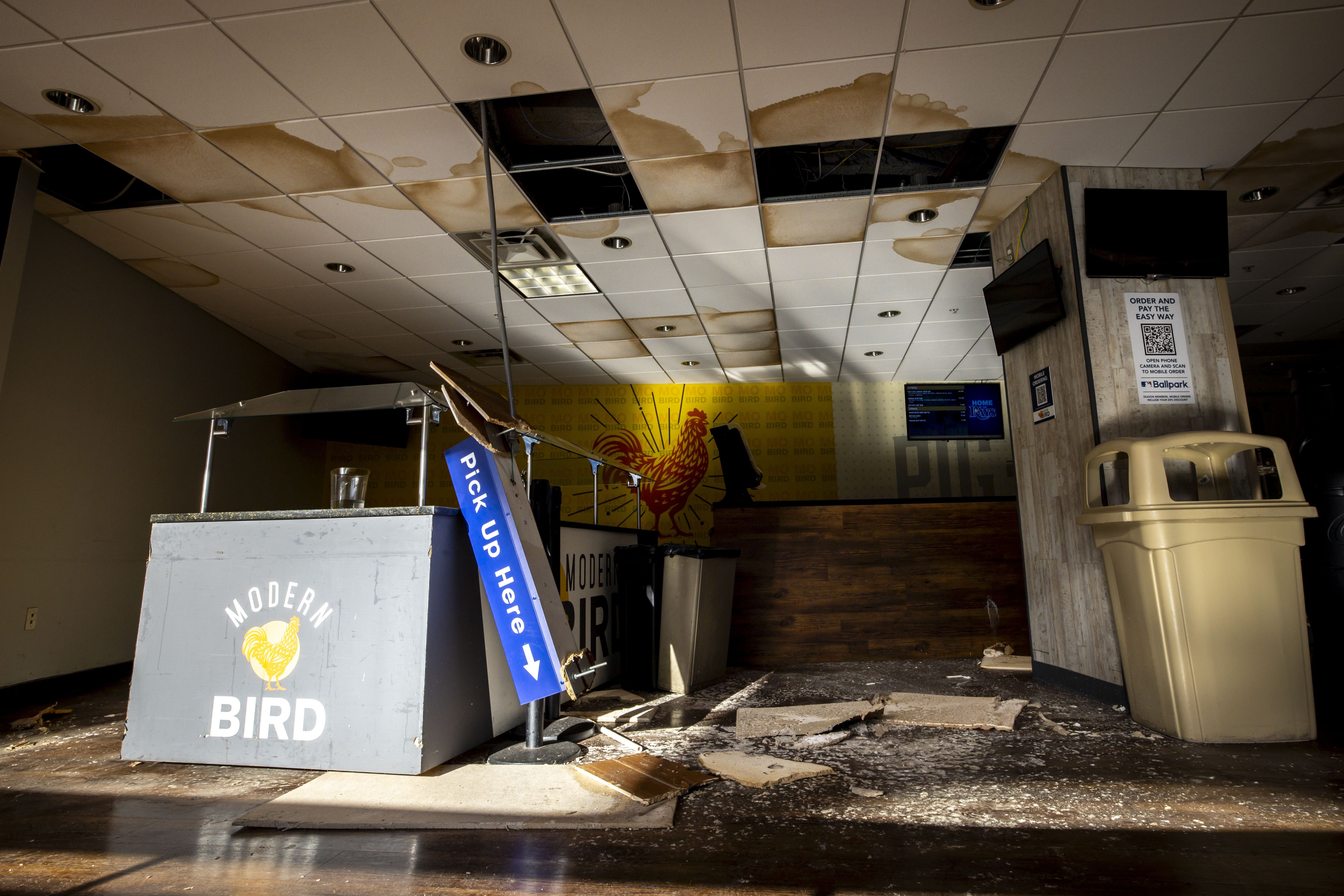 A concession area with heavy water damage at Tropicana Field.