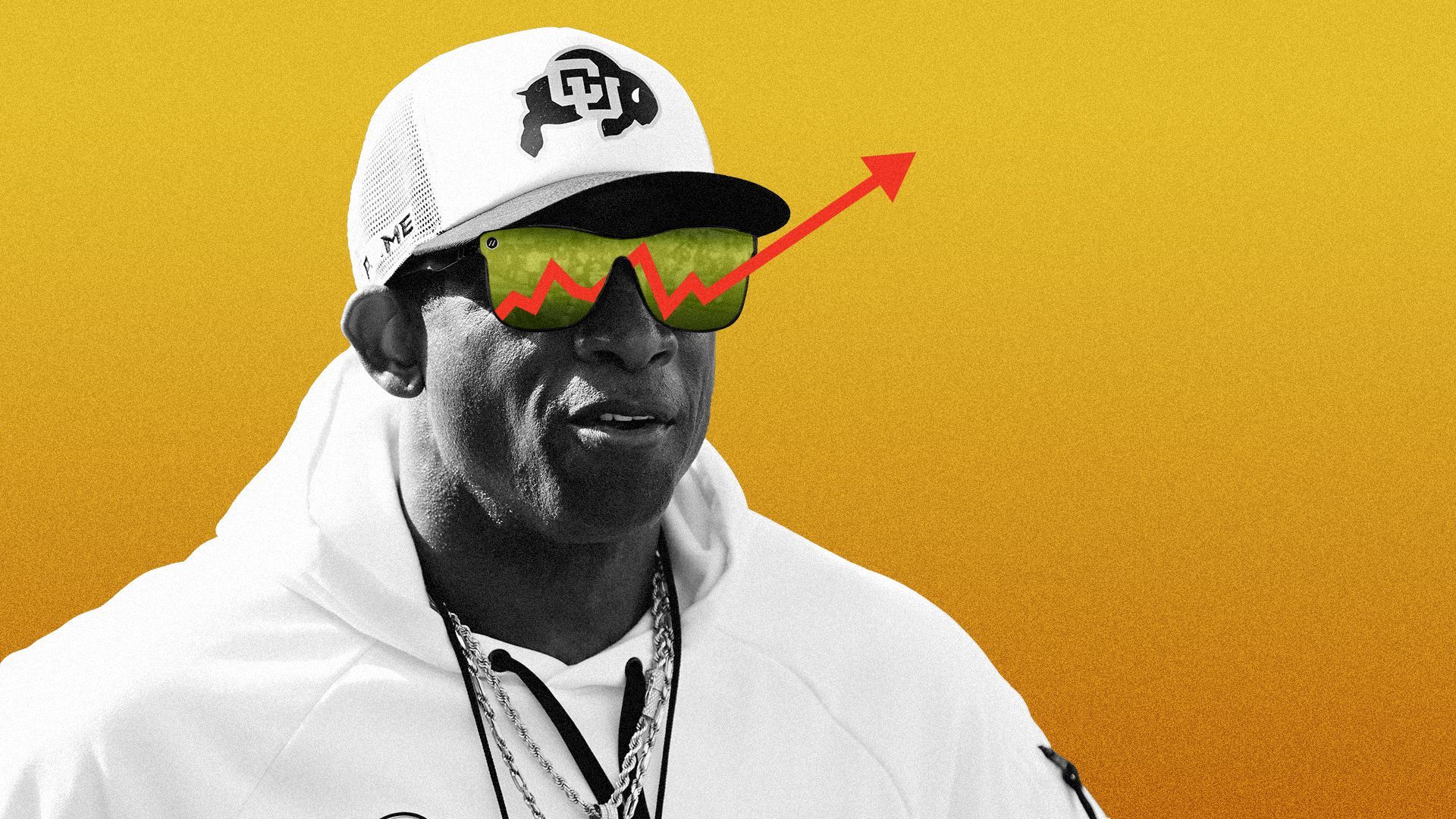 Photo illustration of an arrow rising out of Deion Sanders' sunglasses.