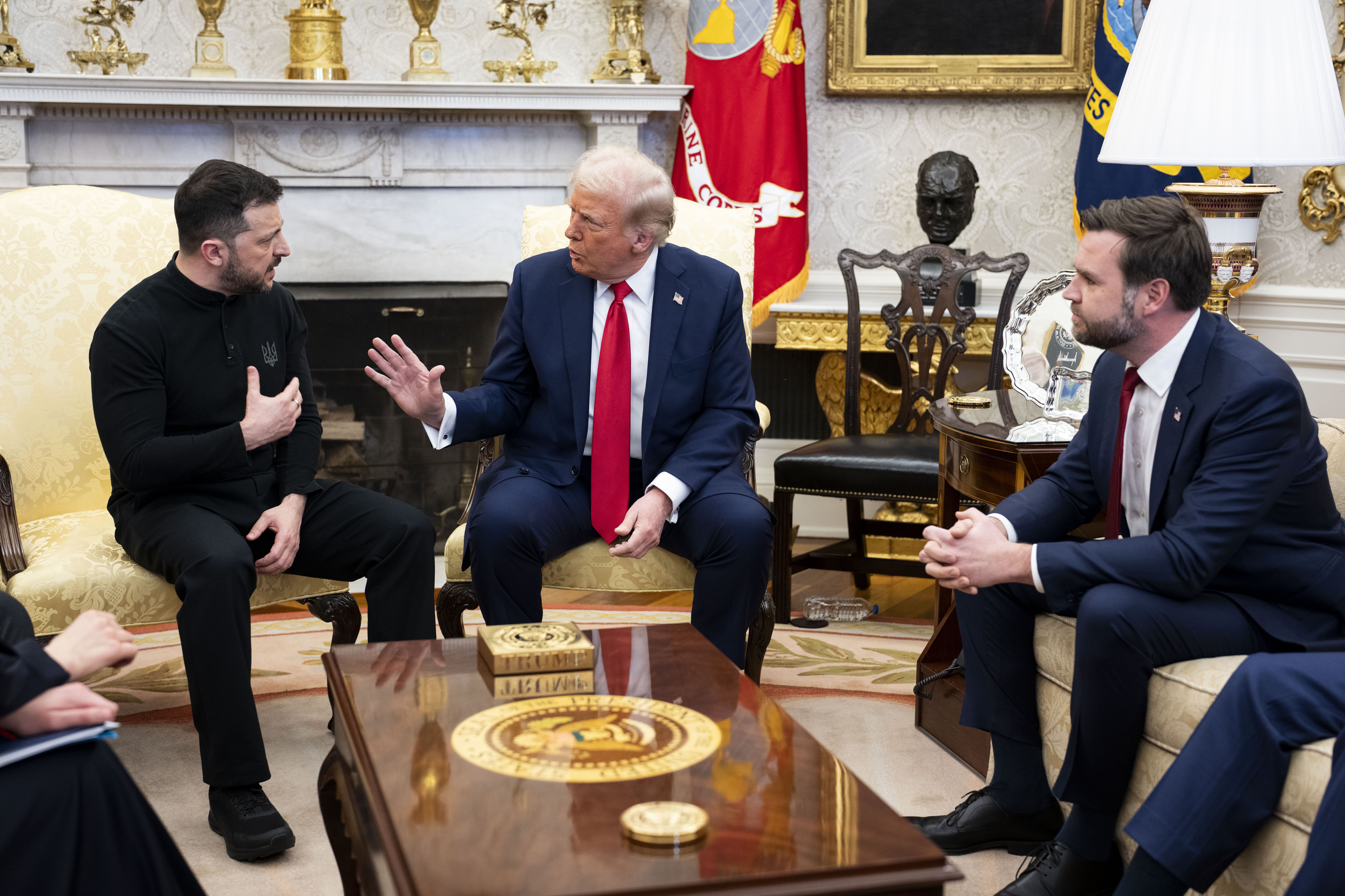 President Donald Trump, center, meets with President Volodymyr Zelenskyy of Ukraine, left, as Vice President JD Vance looks on in the Oval Office on Friday, Feb. 28, 2025. (Doug Mills/The New York Times)