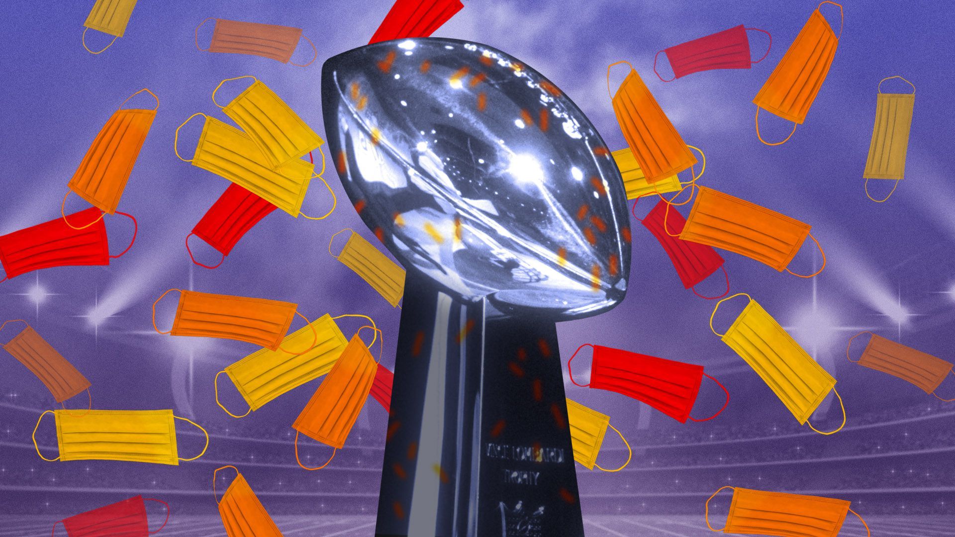 Illustration of the Vince Lombardi trophy in a stadium with masks falling like confetti