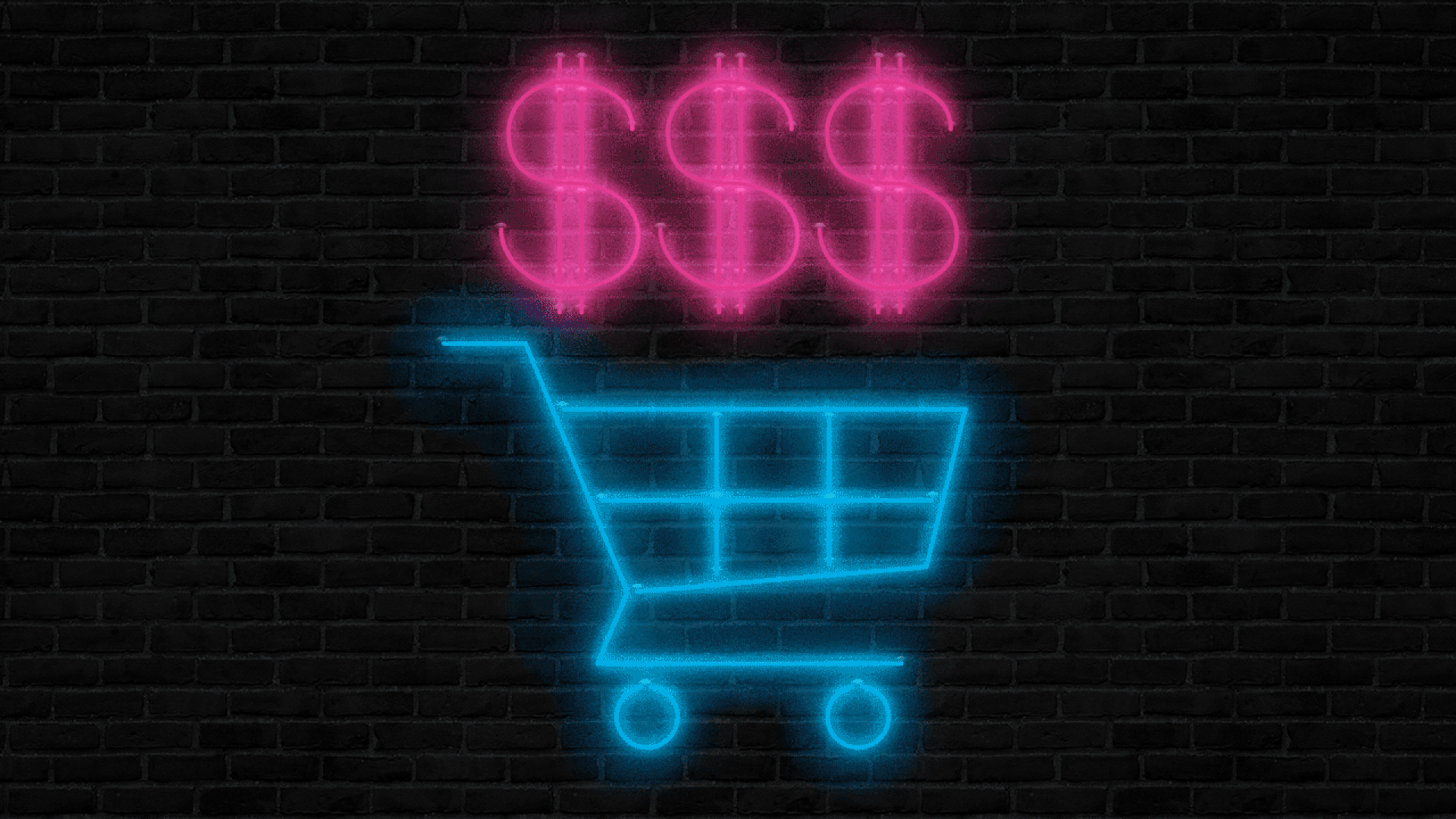 Illustration of a flashing neon sign showing a shopping cart and dollar signs