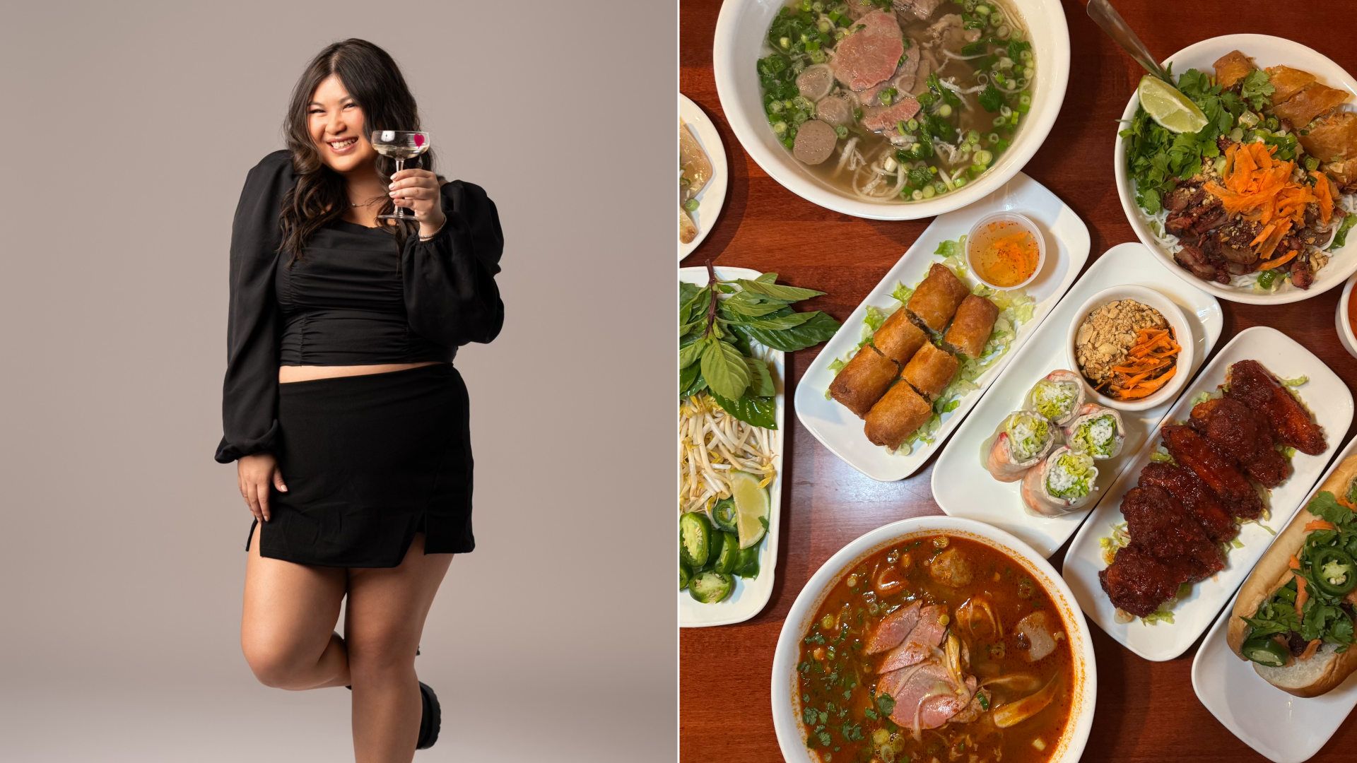 A photo of an Asian woman dressed in a black skirt and black shirt, smiling. She's holding a cocktail glass.