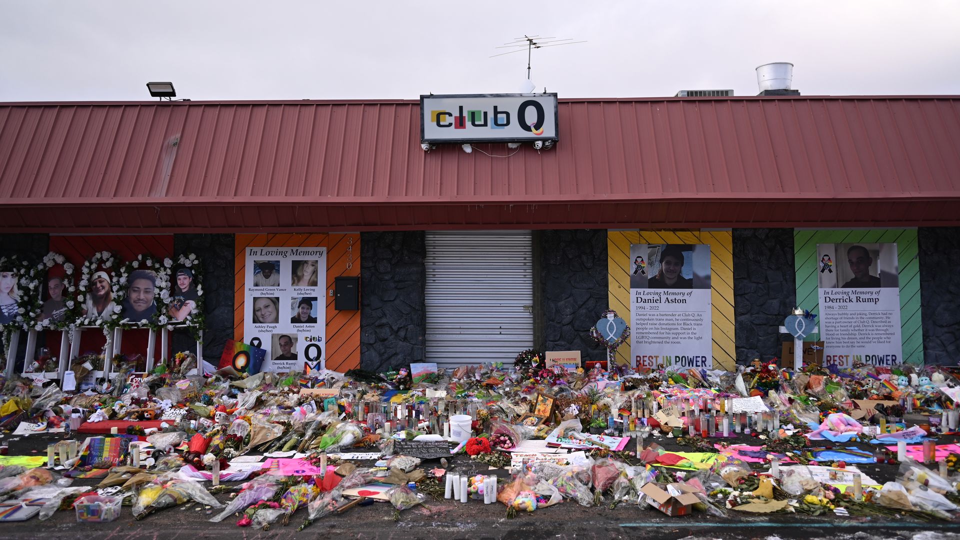 Club Q and the memorial for the victims of the shooting photographed in Colorado Springs, Colorado