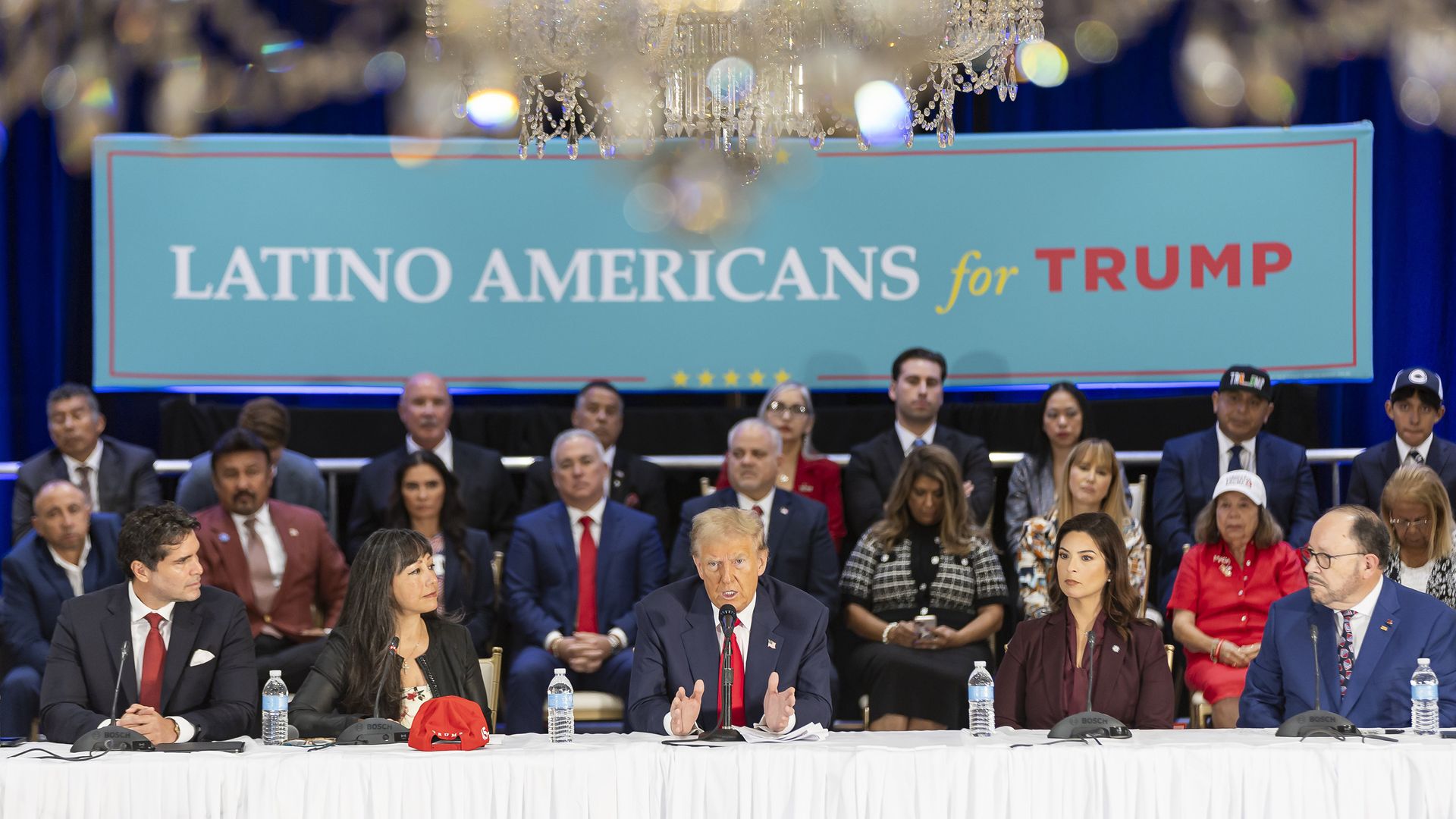 President Donald Trump speaks during a roundtable discussion with local Latino leaders at Trump National Doral Miami in Doral, Florida. 