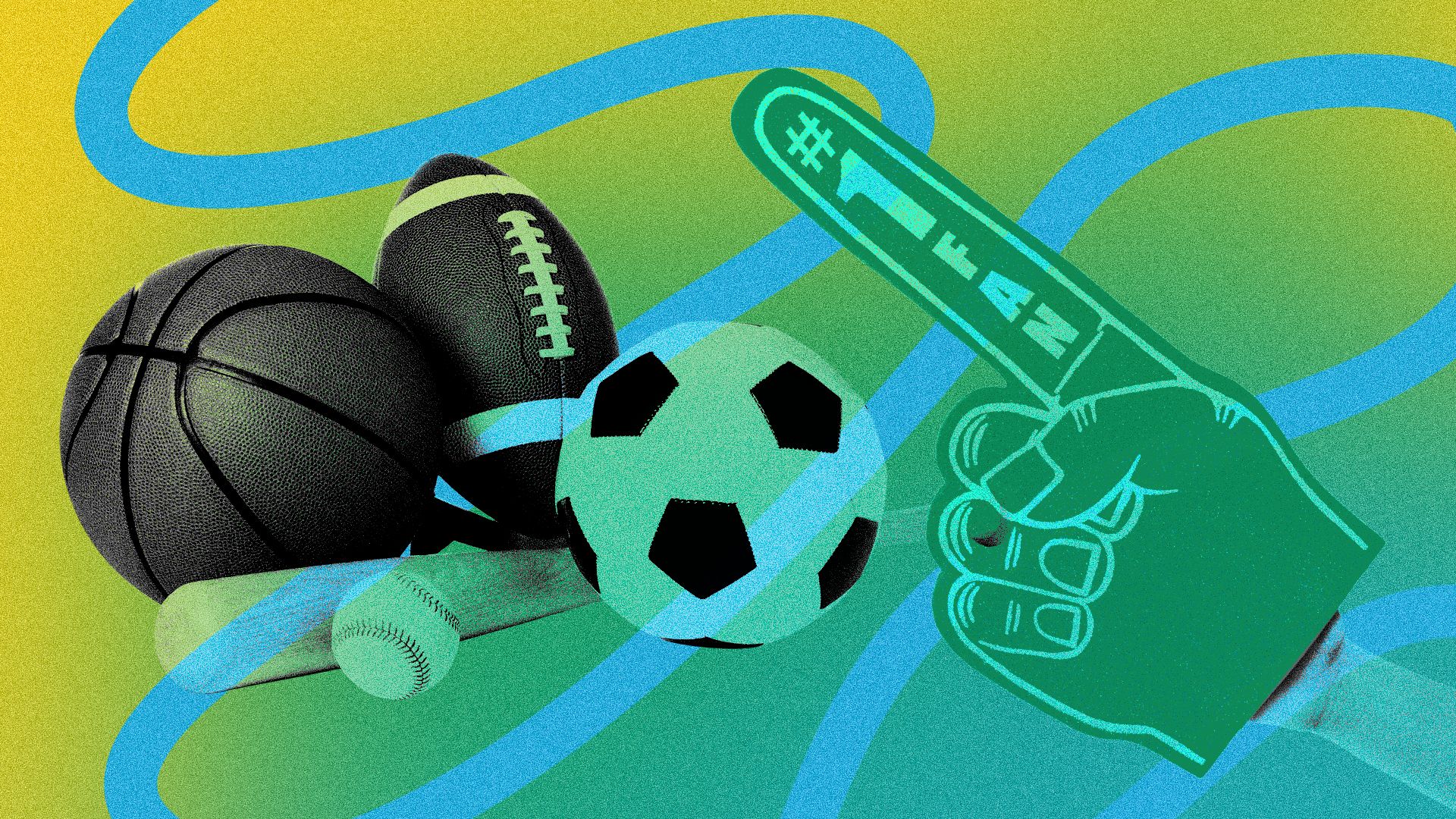 Illustration of various sports equipment and a fan holding a foam finger 