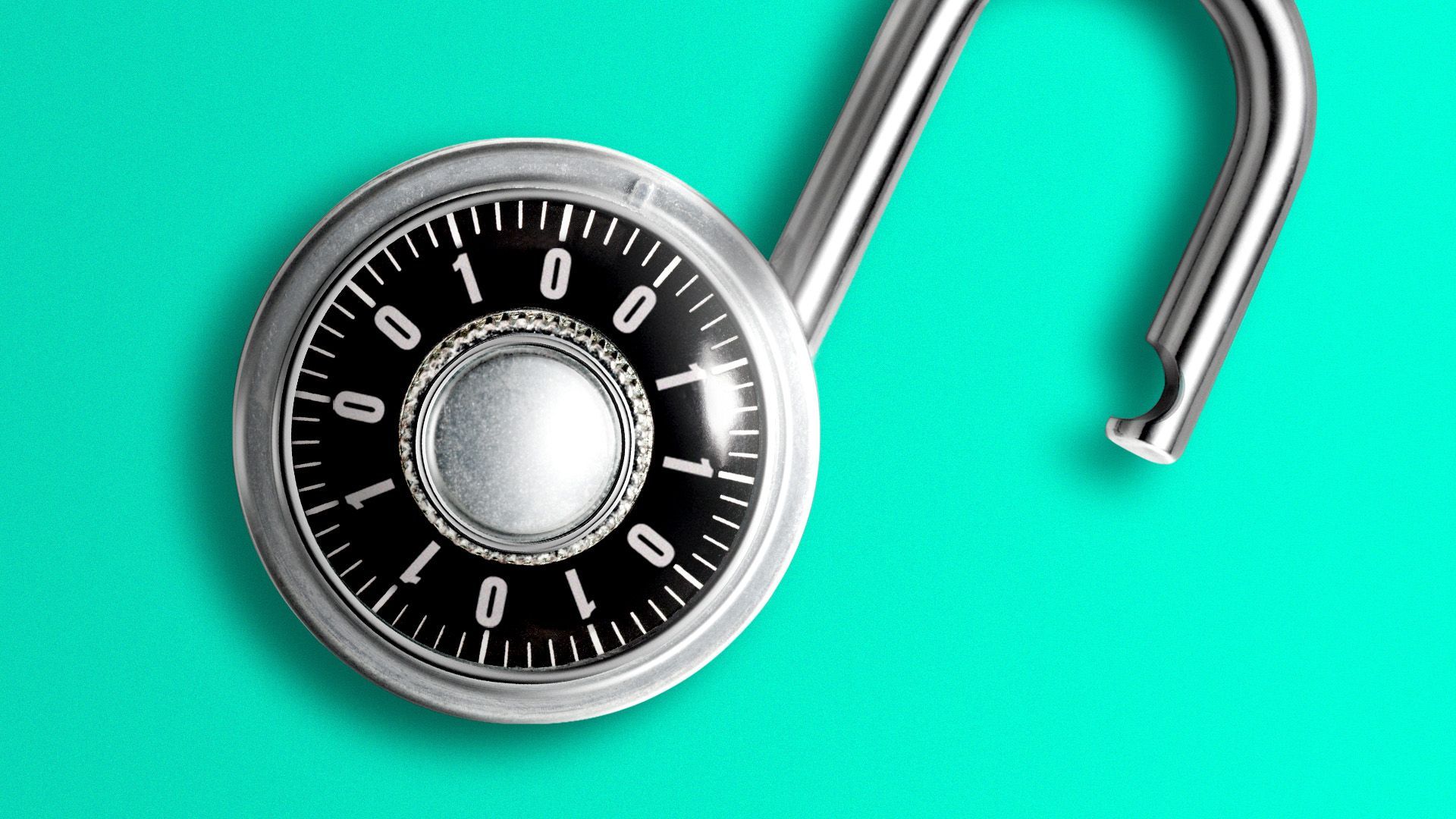 illustration of an open combination lock with binary code