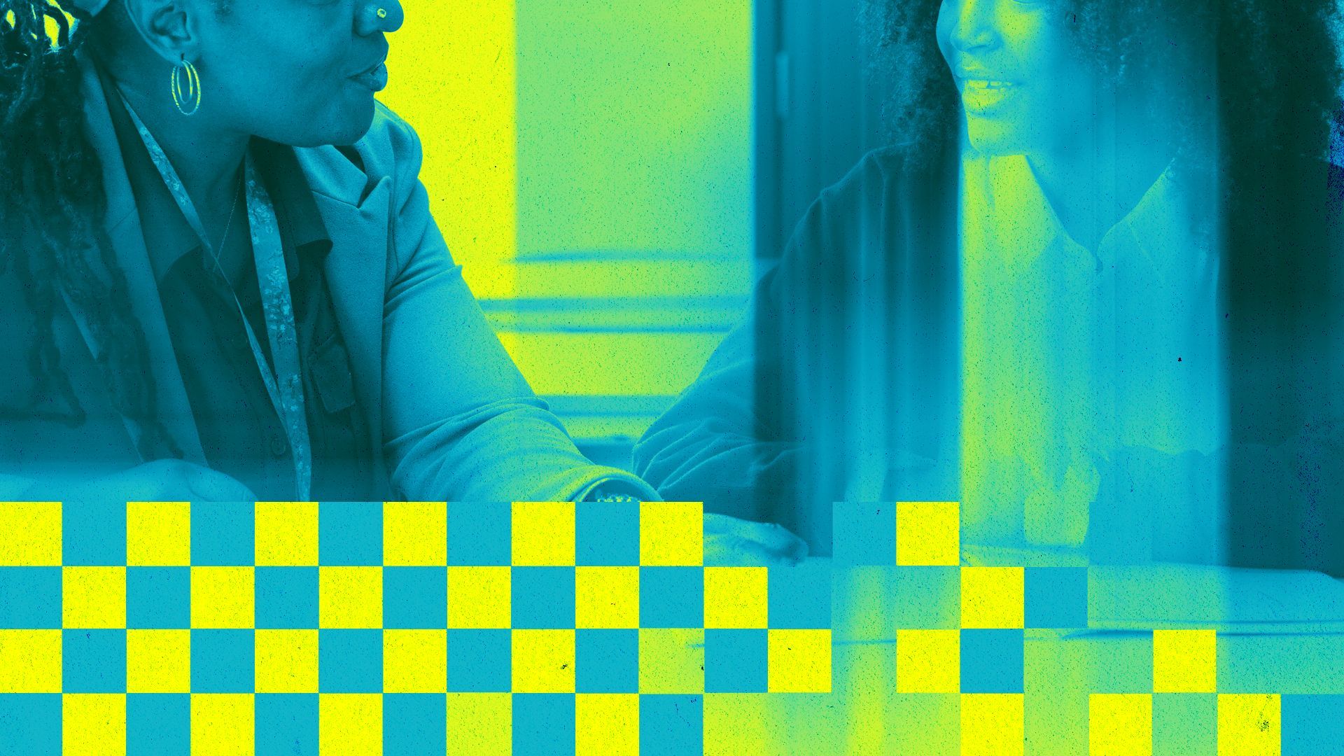 Illustration of an adult talking to a teenager, with checkered shapes.