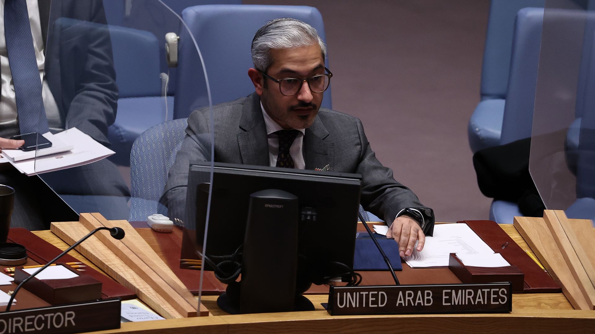 Permanent Representative of United Arab Emirates to the United Nations (UN) Mohamed Abushahab speaks during UN Security Council meeting Feb. 28, 2022.