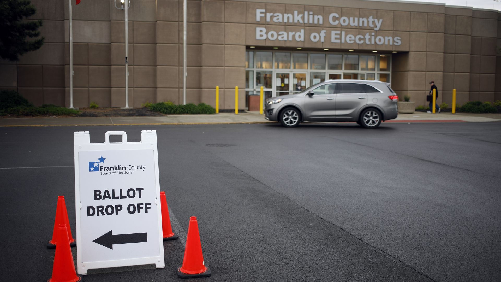 The front entrance of the Franklin County Board of Elections with a side in front reading "Ballot Drop Off."