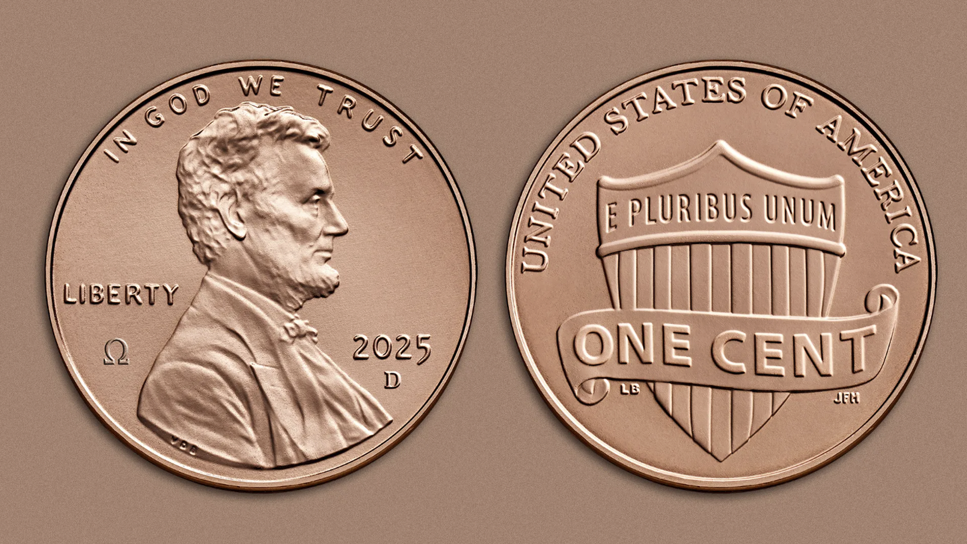Close-up of a 2025 copper-colored US one cent coin featuring Abraham Lincoln's profile on the front with "IN GOD WE TRUST" and a shield with "E PLURIBUS UNUM" and "ONE CENT" on the back.