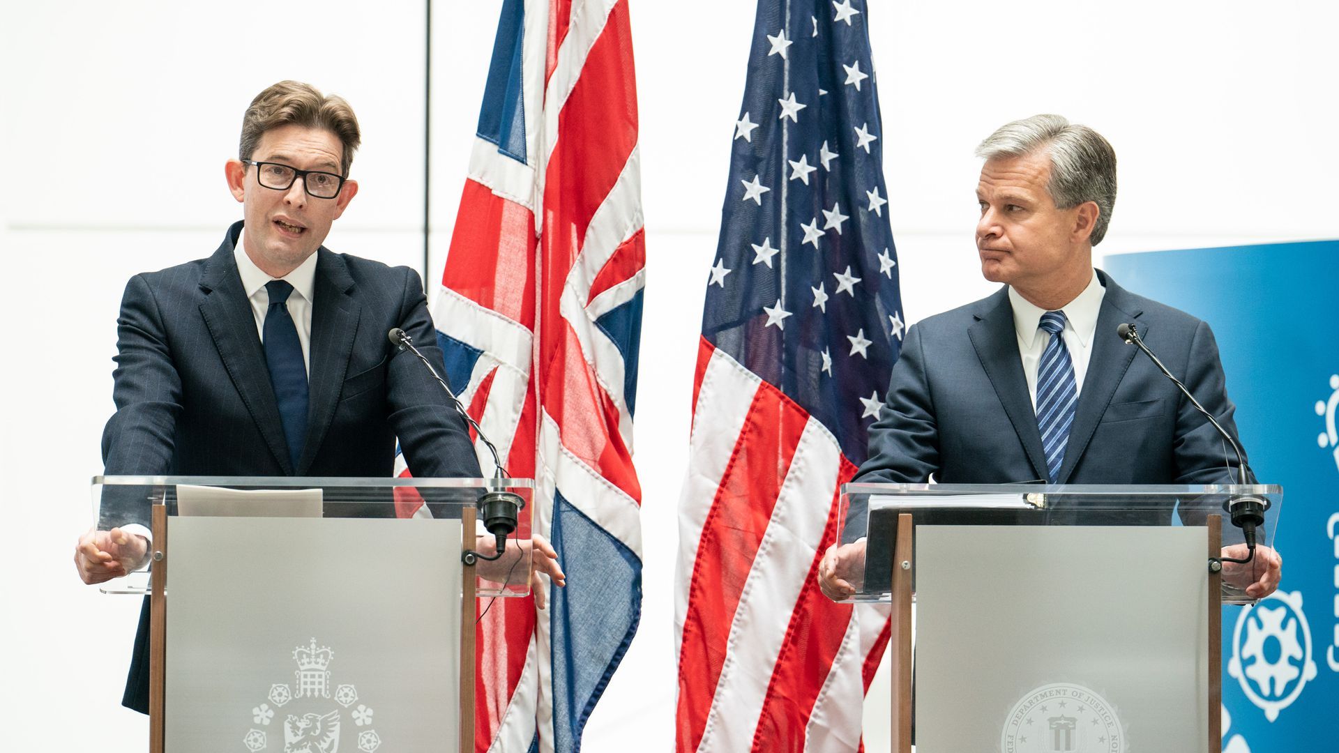 MI5 Director General Ken McCallum (left) and FBI Director Christopher Wray at a joint press conference at MI5 headquarters, in central London. 