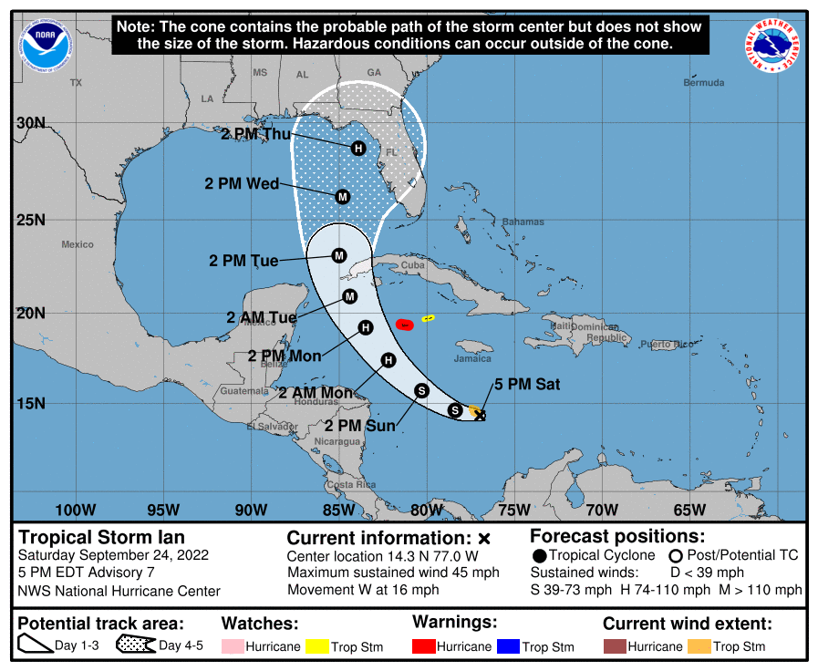 Tropical Storm Ian's forecasted storm path as of 5 p.m. ET on September 24, 2022.