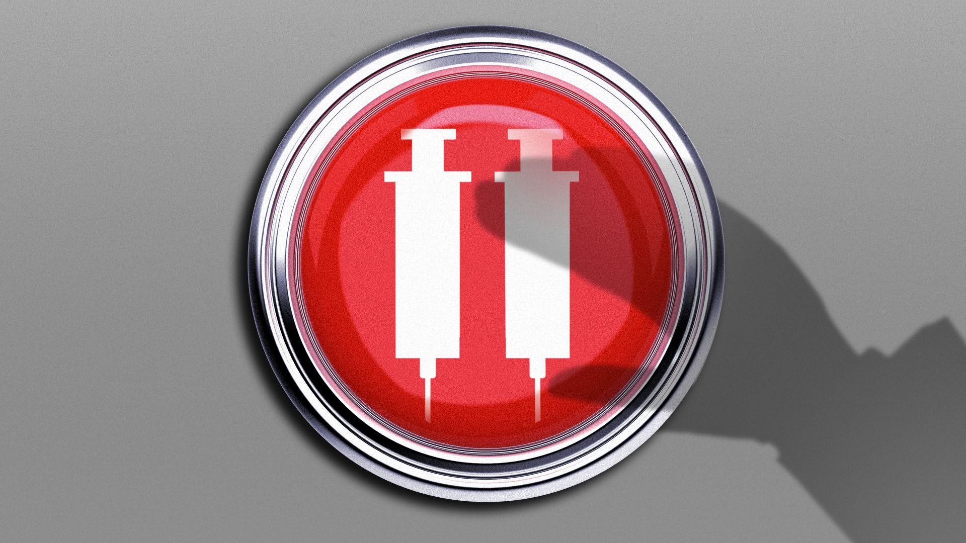 Illustration of a shadow hovering over a giant red button with syringes in the shape of a pause symbol