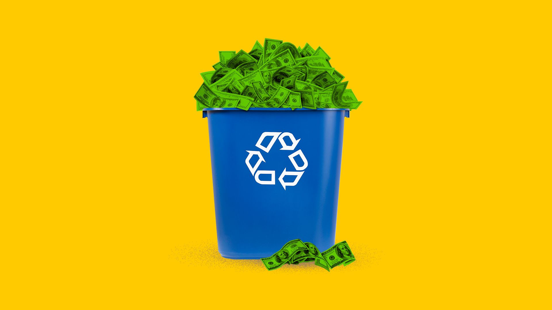 Illustration of a recycling bin full of cash bills. 