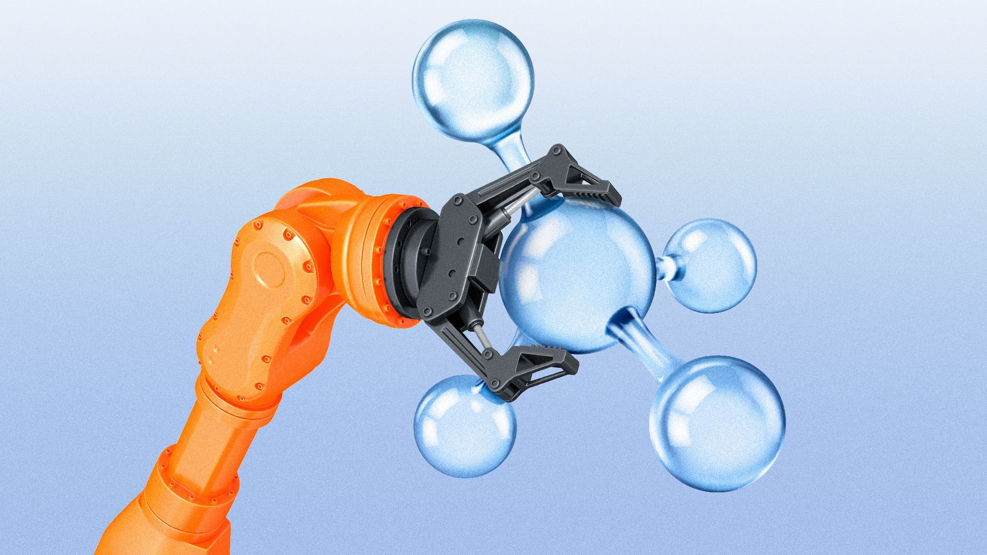 Illustration of a robotic arm holding a model of a molecule.