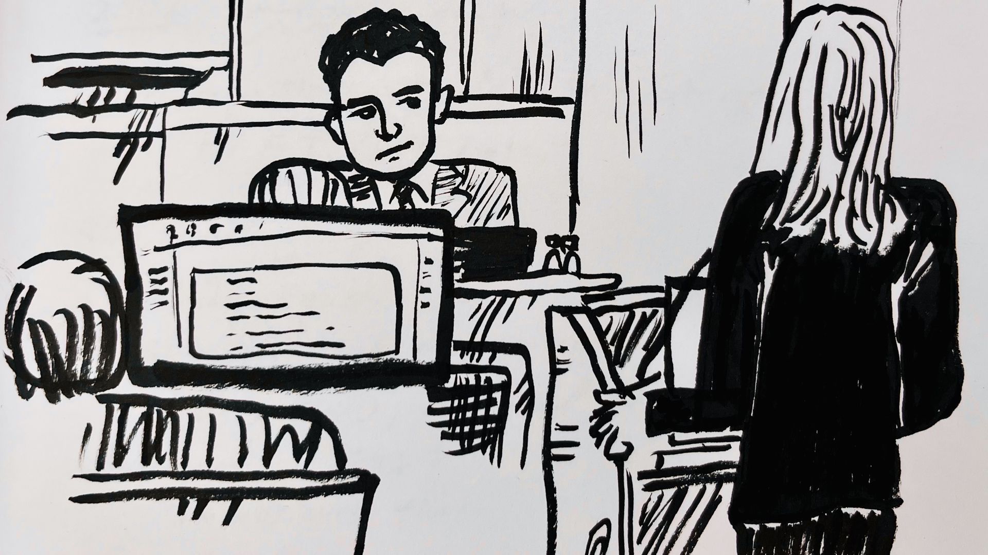 A drawing of a young man on a witness stand and an attorney at a podium, looking at him. 