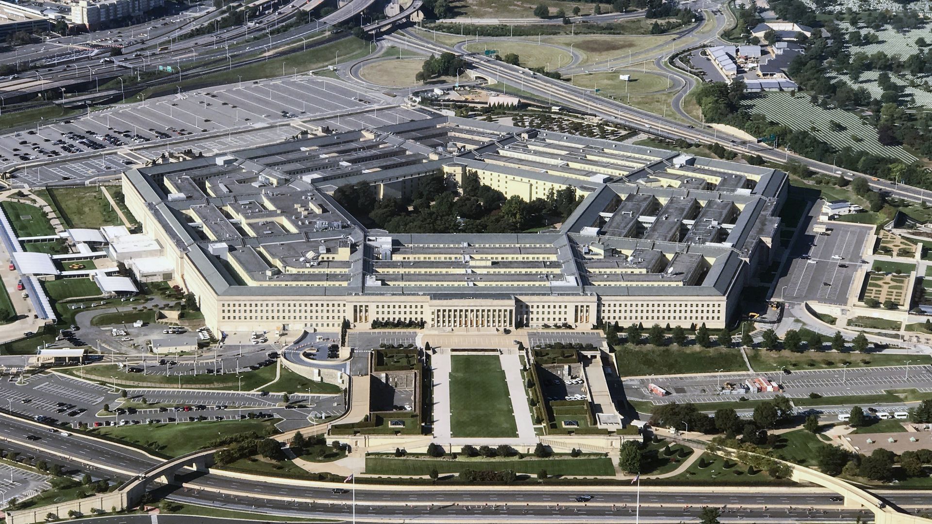 A aerial view of the Pentagon building.