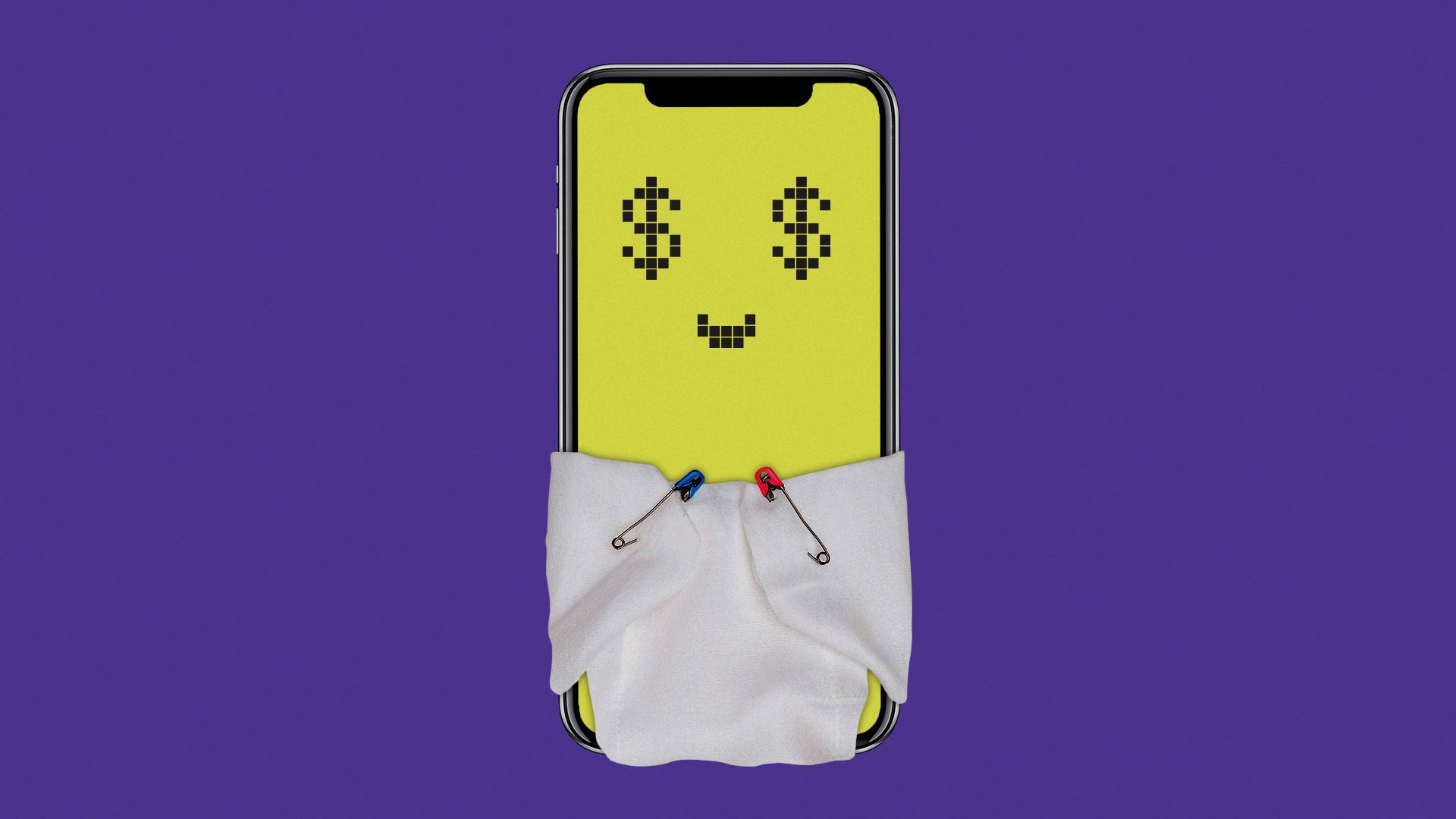 Illustration of a cell phone wearing a cloth diaper. The phone has a digitized smiling face with dollar signs for eyes.