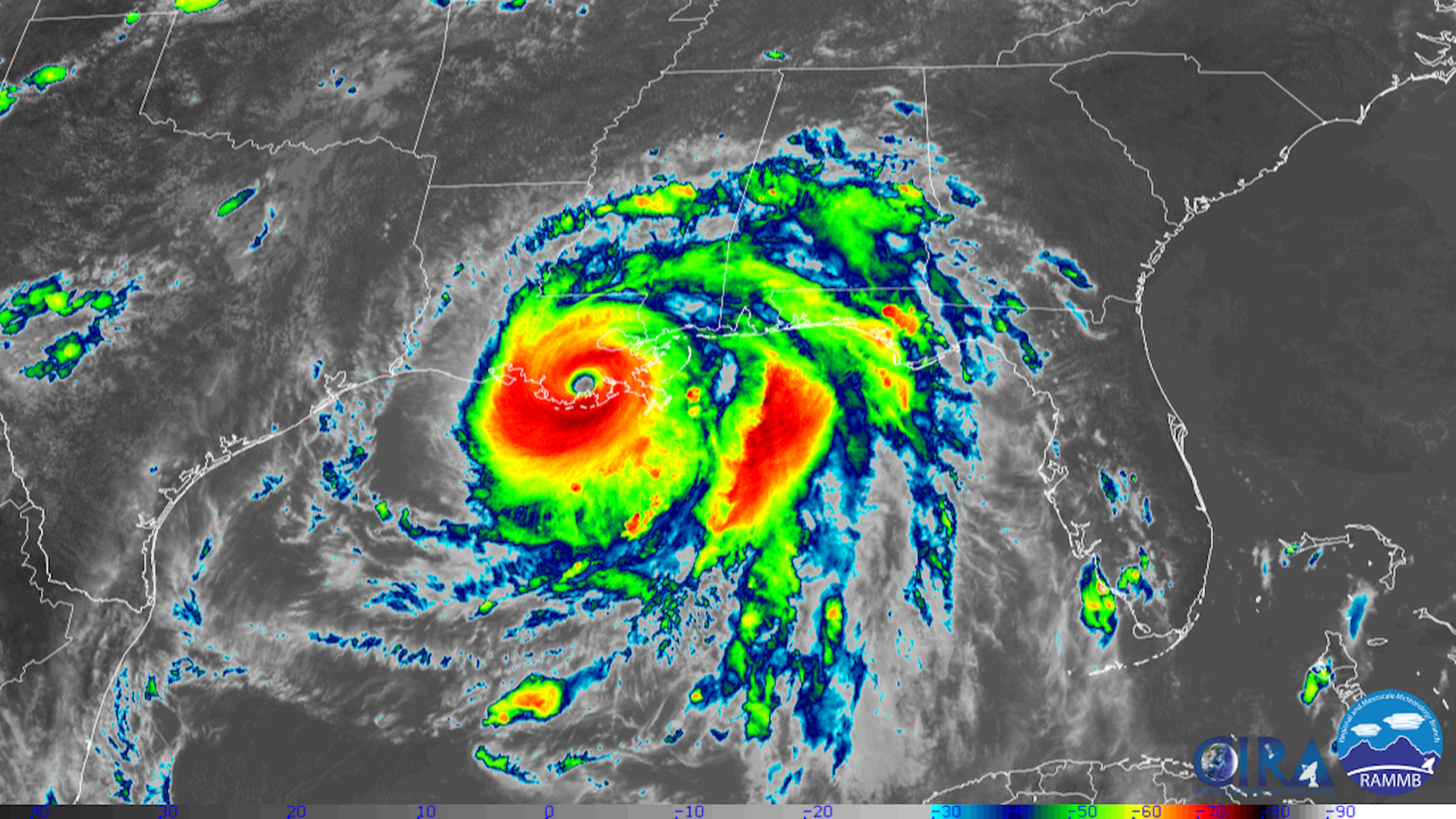 Satellite image of Category 4 Hurricane Ida after making its second landfall in Louisiana on Aug. 29, 2021