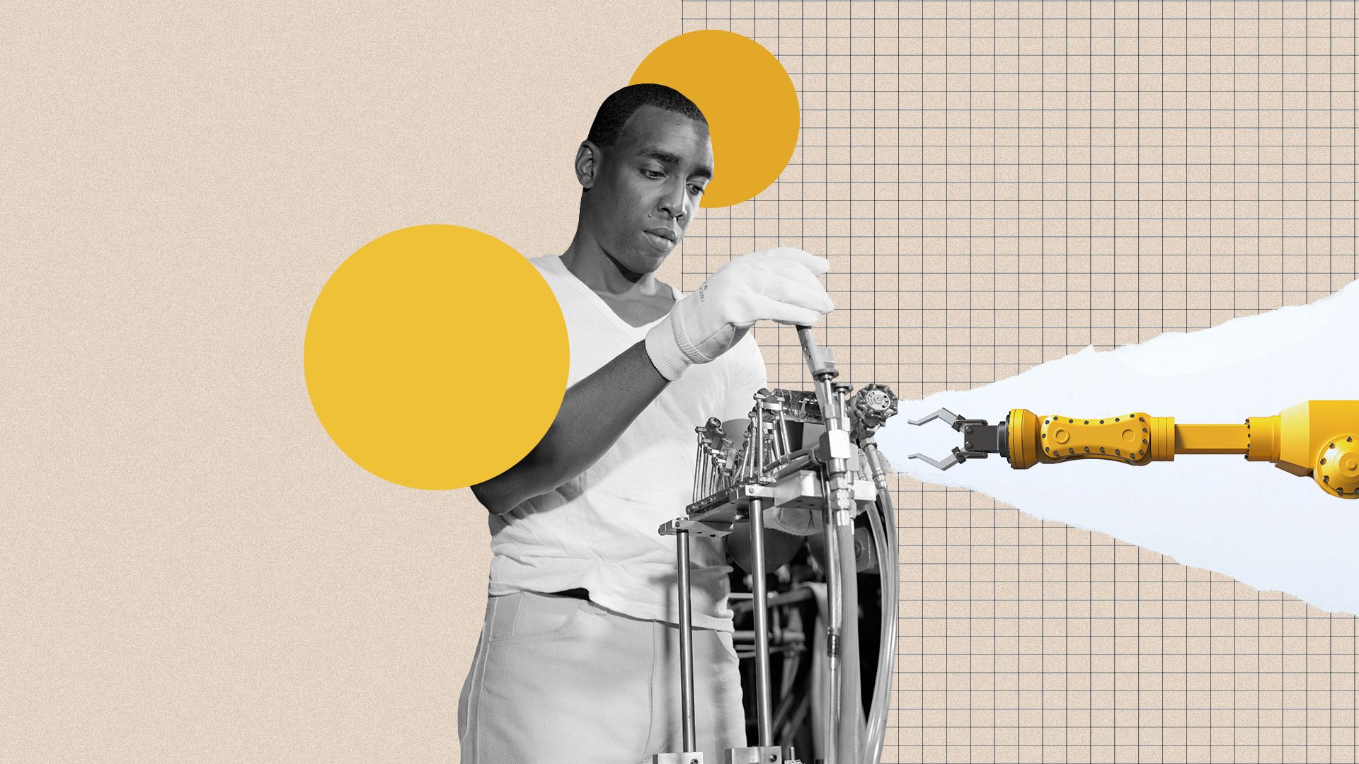 Photo illustration collage of an African American man working on a cathode ray tube machine with an automation arm reaching out towards him.