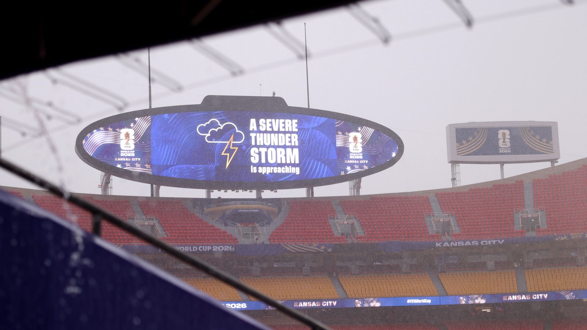General view inside Kansas City Stadium as the screen shows warning messages on inclement weather before the FIFA World Cup 2026 Group F match between Tunisia and Netherlands.