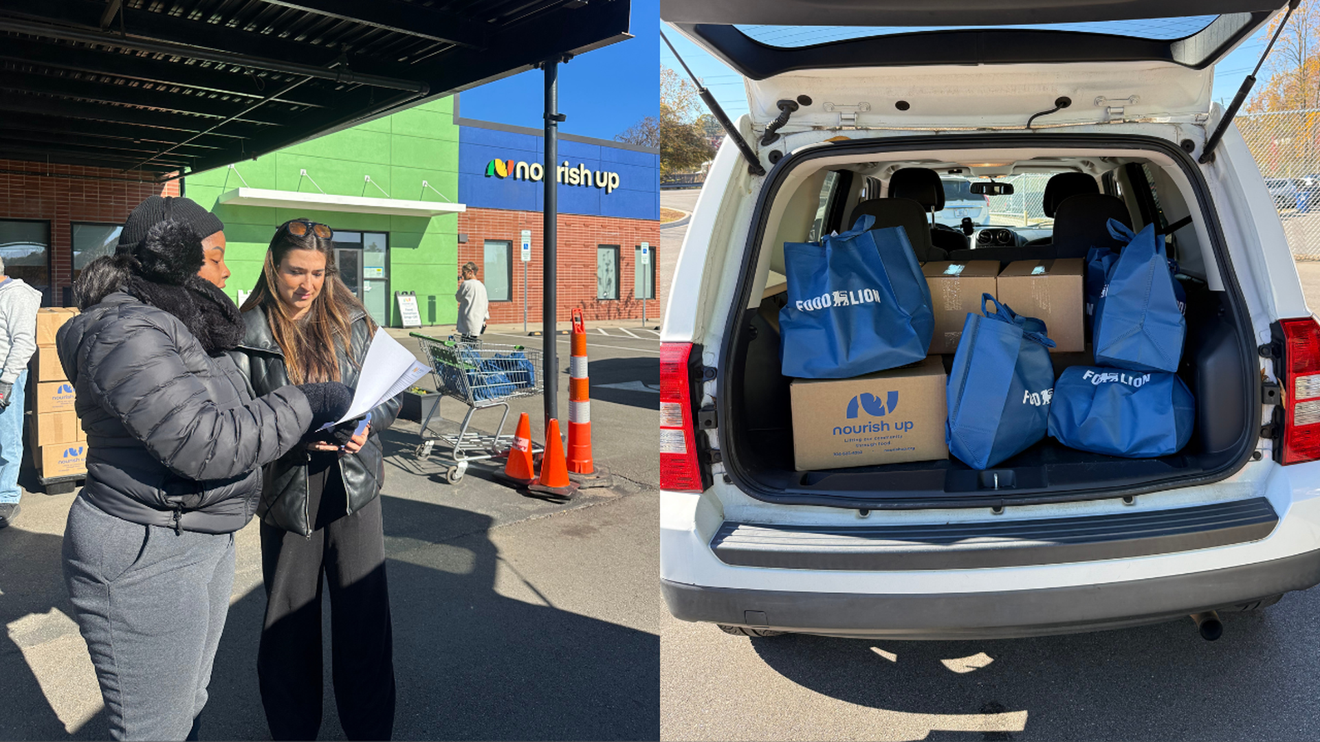 Two women, one in a black puffer jacket and the other in a leather jacket, reviewing papers outside a green and blue Nourish Up building; trunk of white SUV open showing blue Food Lion bags and Nourish Up boxes.
