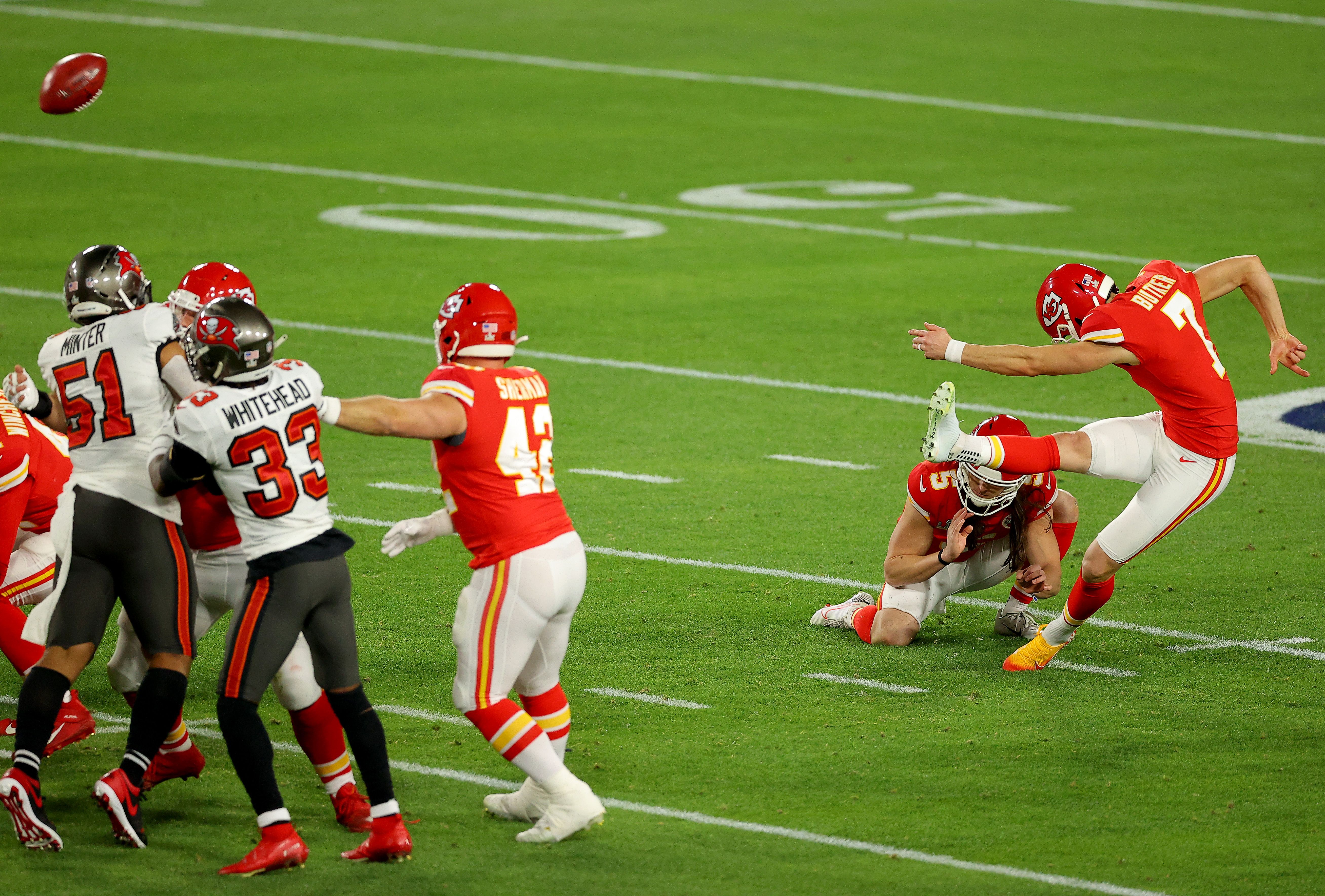 Harrison Butker #7 of the Kansas City Chiefs kicks a 49 yard field goal in the first quarter against the Tampa Bay Buccaneers 