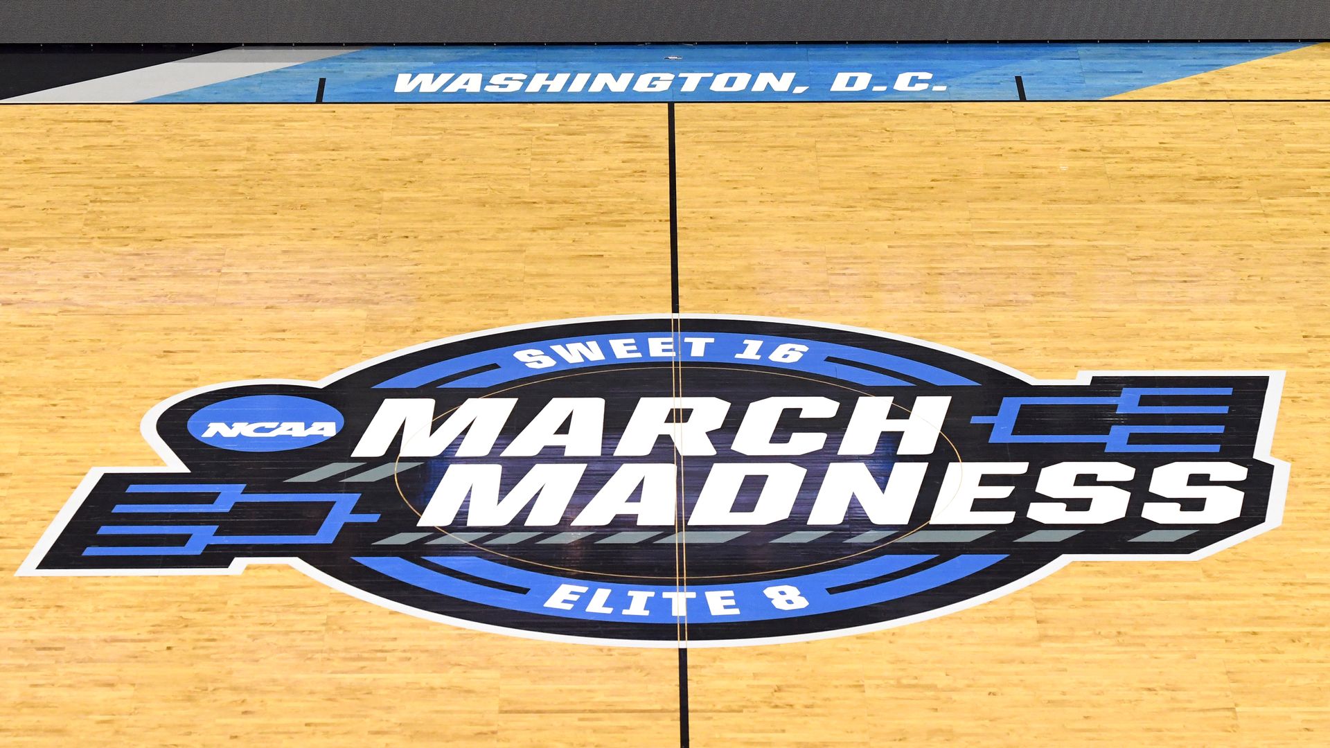 March Madness logo on the court at Capital One Arena