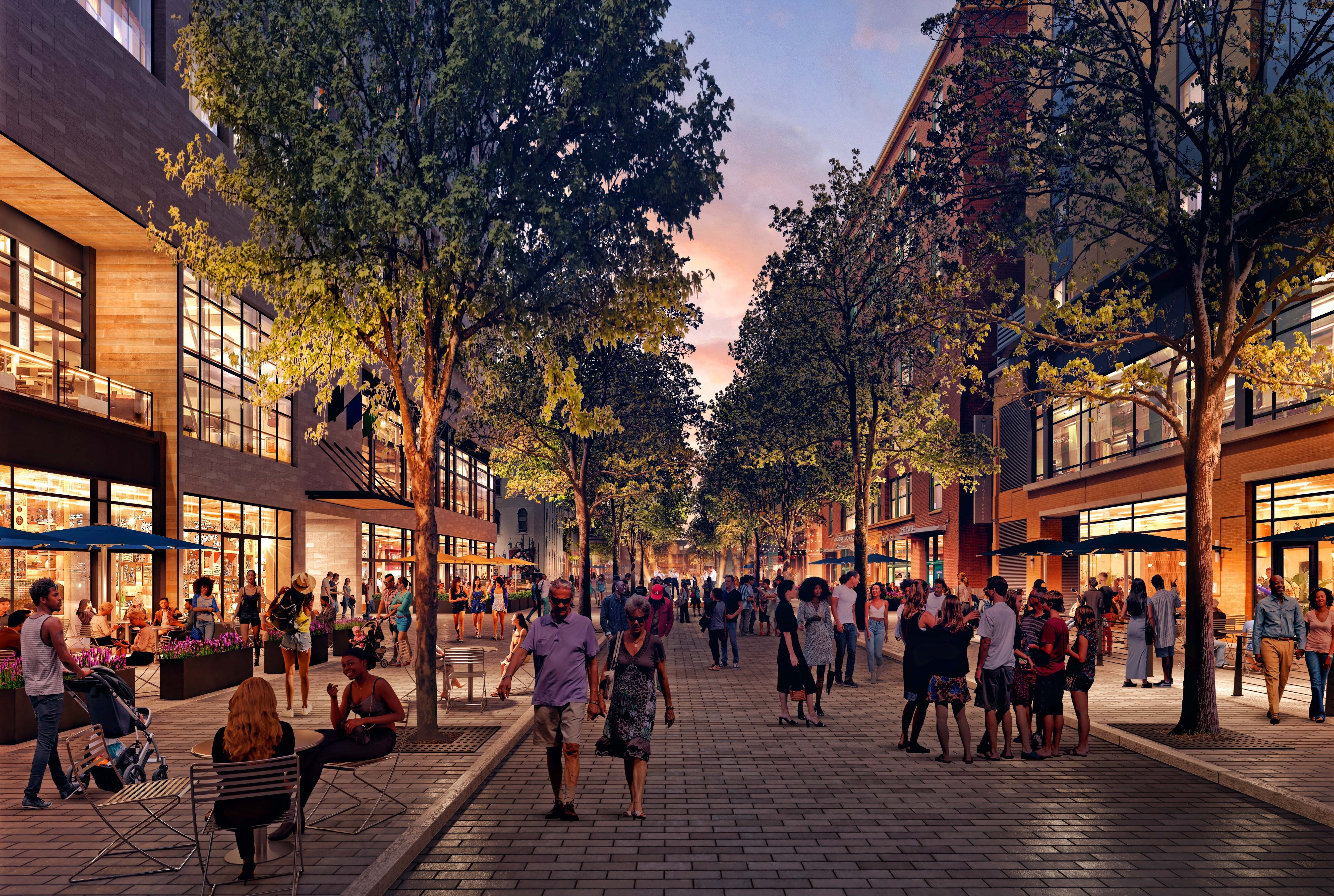 An architect's rendering shows Georgia Street lined with trees and people walking through the street.