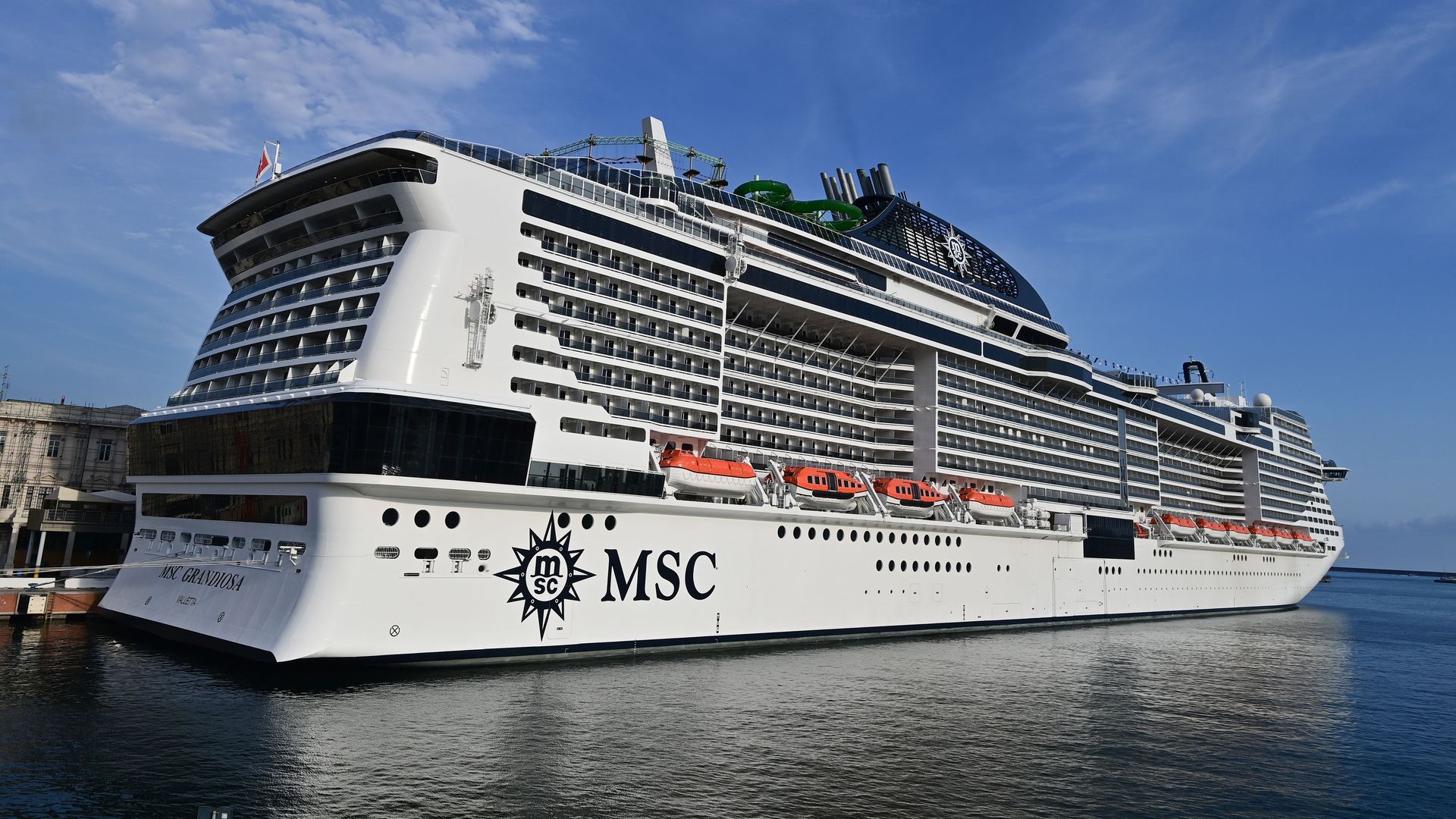 The MSC Grandiosa cruise liner leaving port in Genoa, Italy