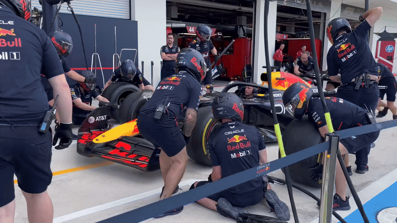 The Red Bull pit crew performing a practice pit stop