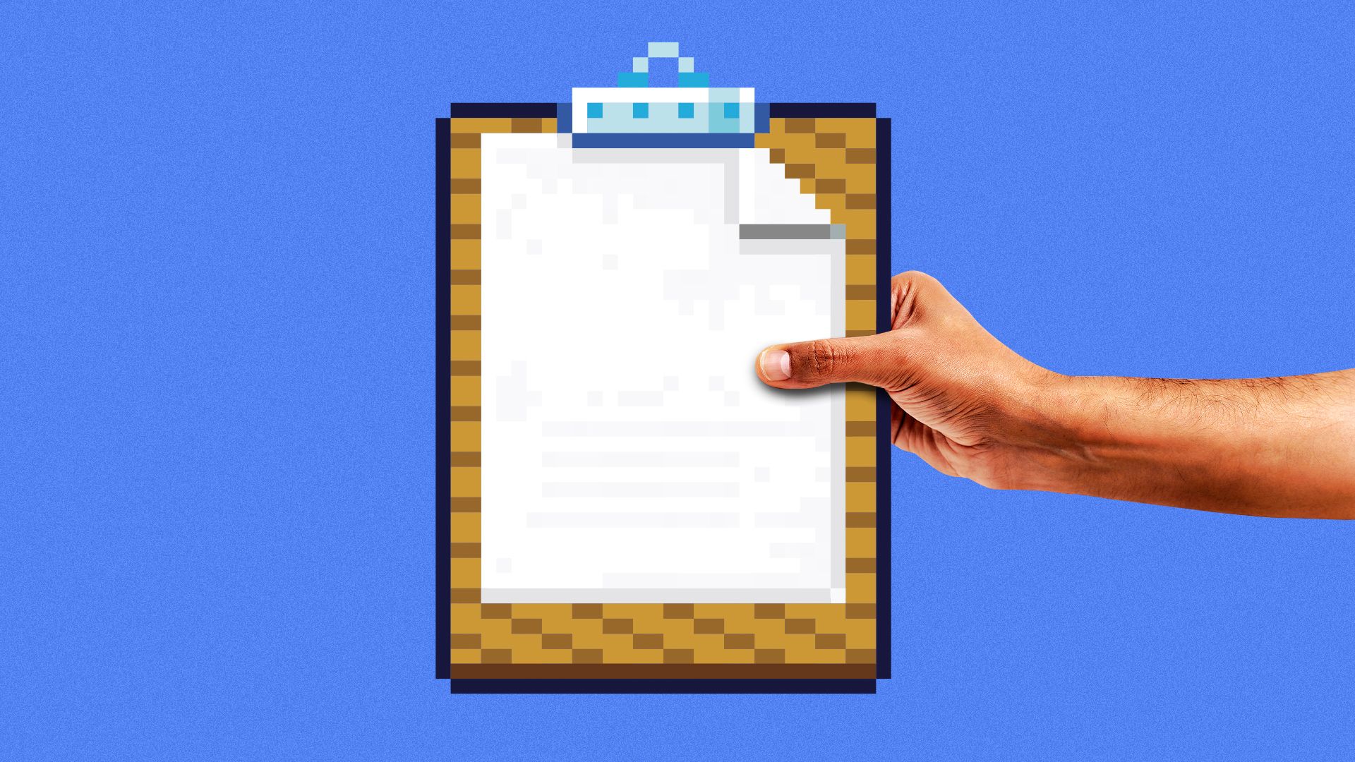 Illustration of a hand holding an 8-bit pixel clipboard.