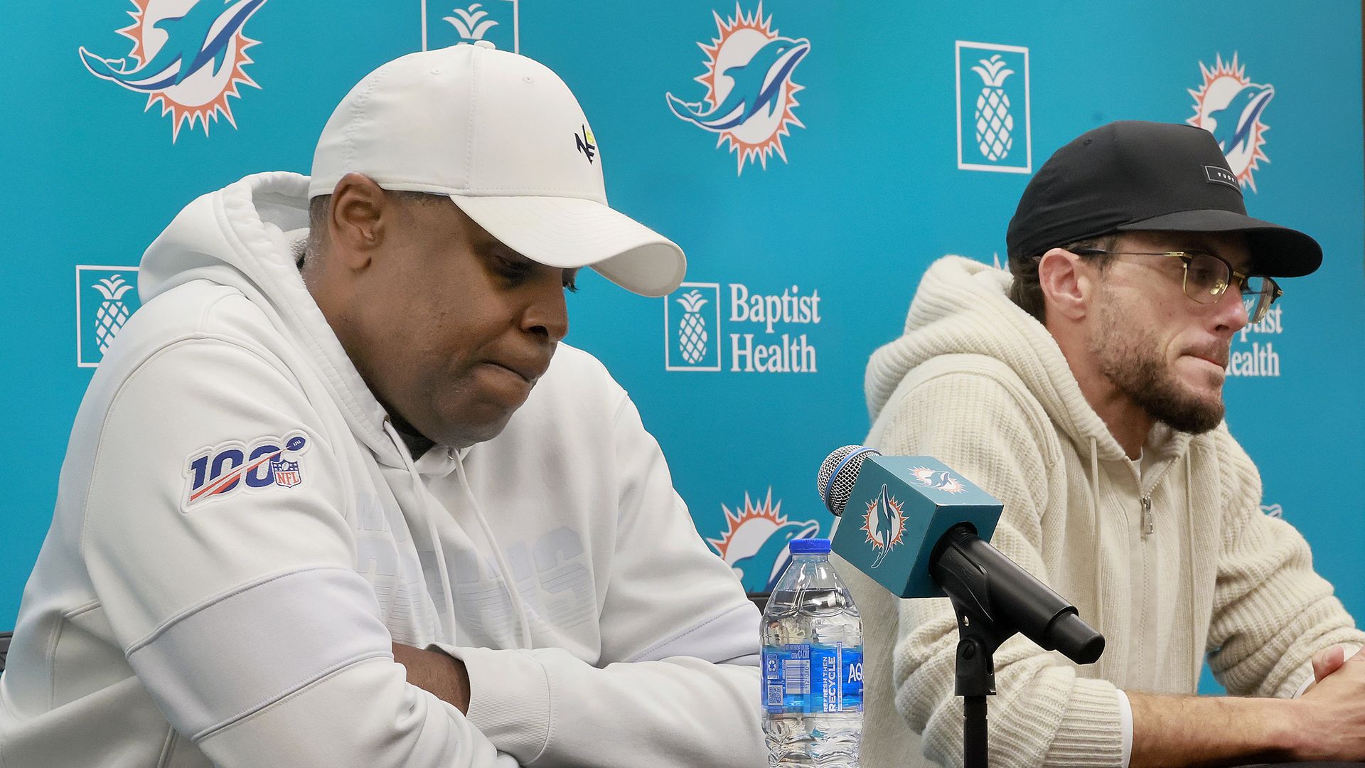 Miami Dolphins general manager Chris Grier, left, and head coach Mike McDaniel address the media during the season-ending news conference on Jan. 7, 2025. (Mike Stocker/South Florida Sun Sentinel/Tribune News Service via Getty Images)
