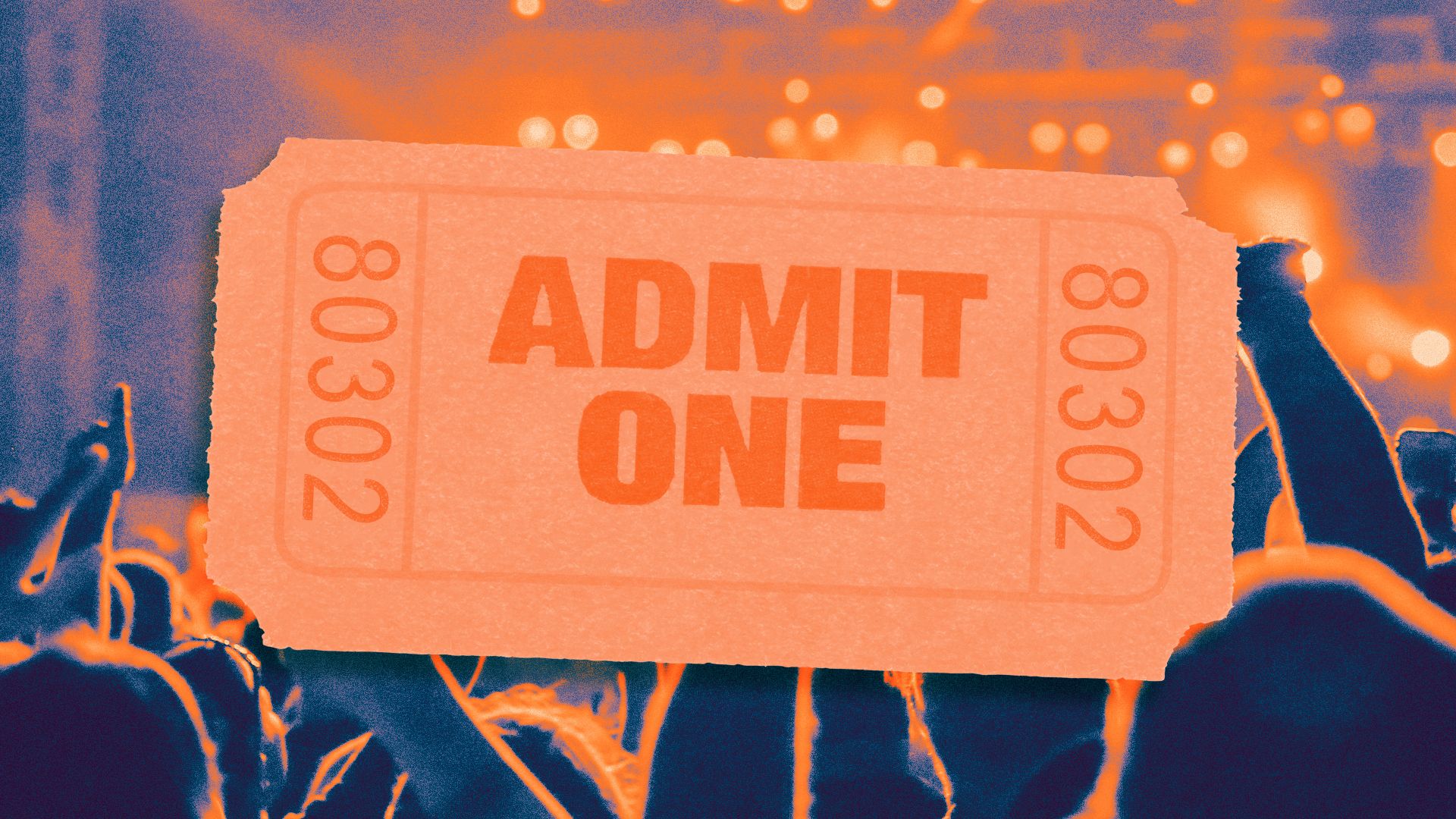 Illustration of a ticket featuring a downtown Boulder zip code and the words "admit one" in front of a crowd of people at an event